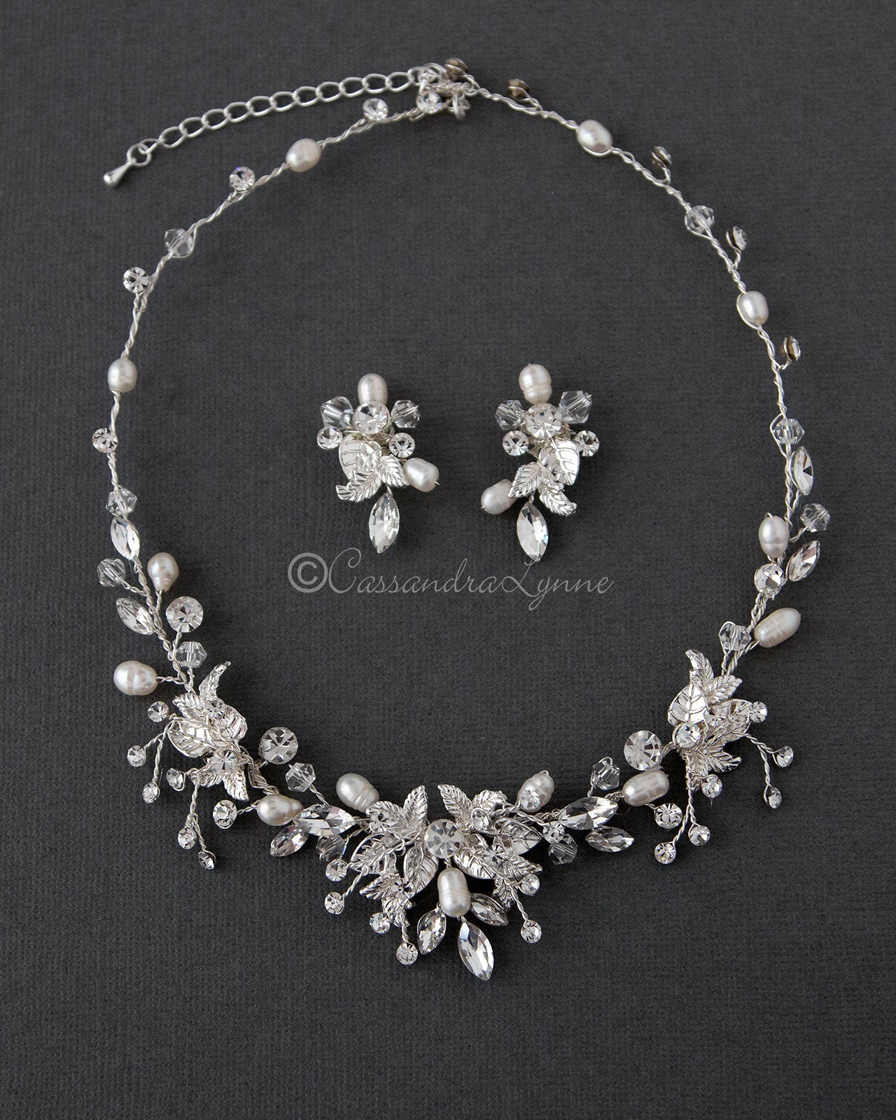 Pearl and Crystal Leaf Bridal Necklace Set - Cassandra Lynne