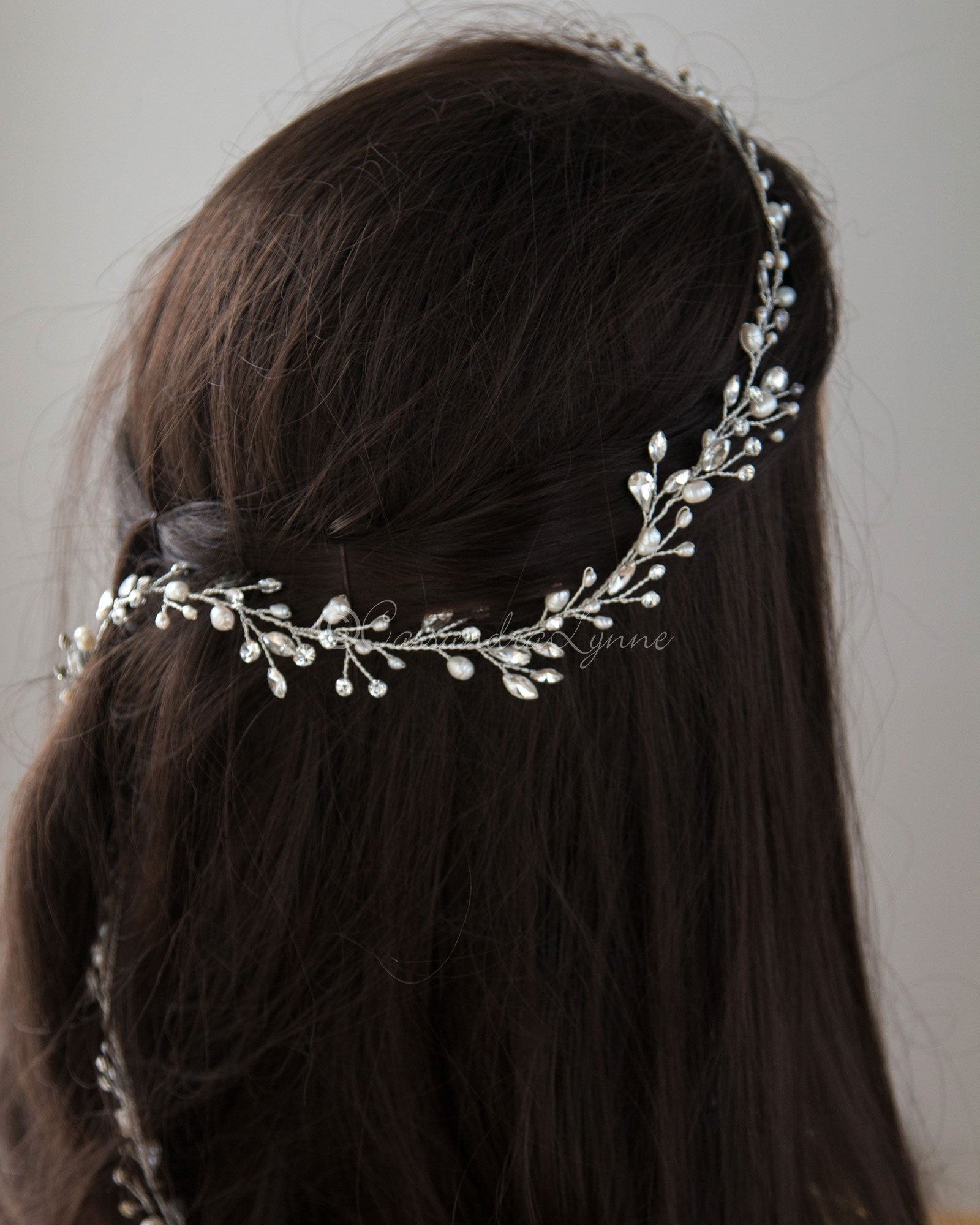 Pearl Bridal Hair Vine with Pear Jewels - Cassandra Lynne