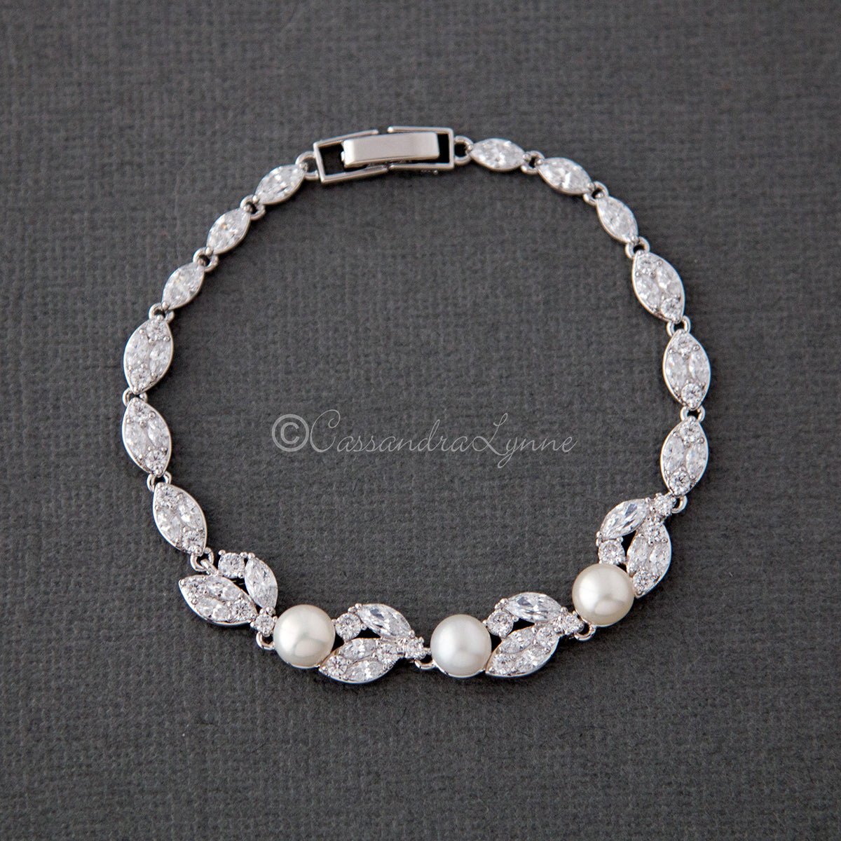 Freshwater Pearl CZ Wedding Bracelet with Leaves - Cassandra Lynne