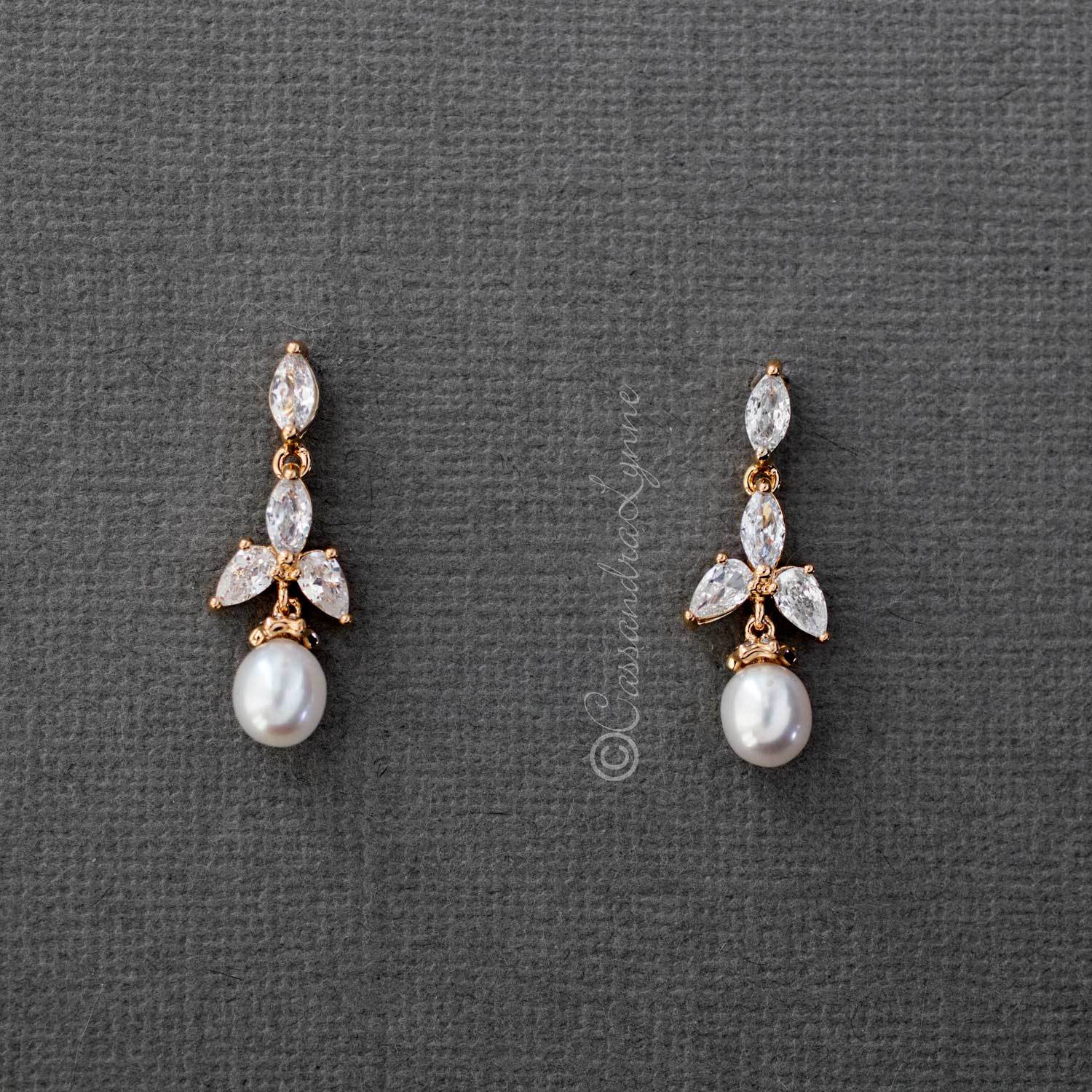 Pearl Drop Bridal Earrings with CZ Jewels - Cassandra Lynne
