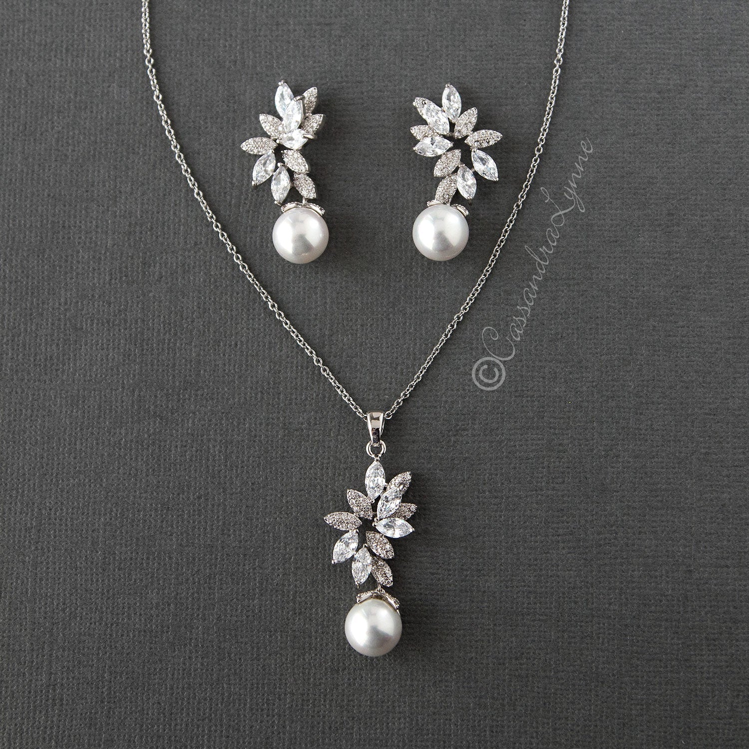 Pearl Pendant Necklace and Earrings Set with CZ Jewels - Necklace Set - Cassandra Lynne