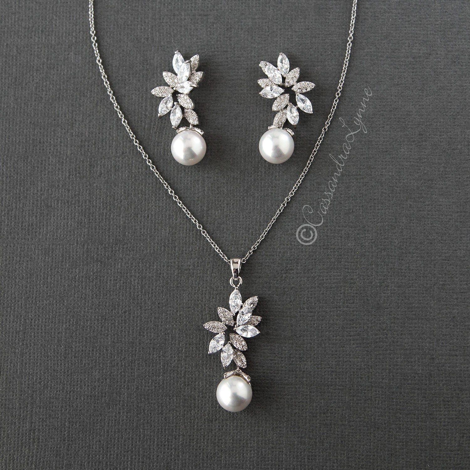 Pearl Pendant Necklace and Earrings Set with CZ Jewels - Cassandra Lynne