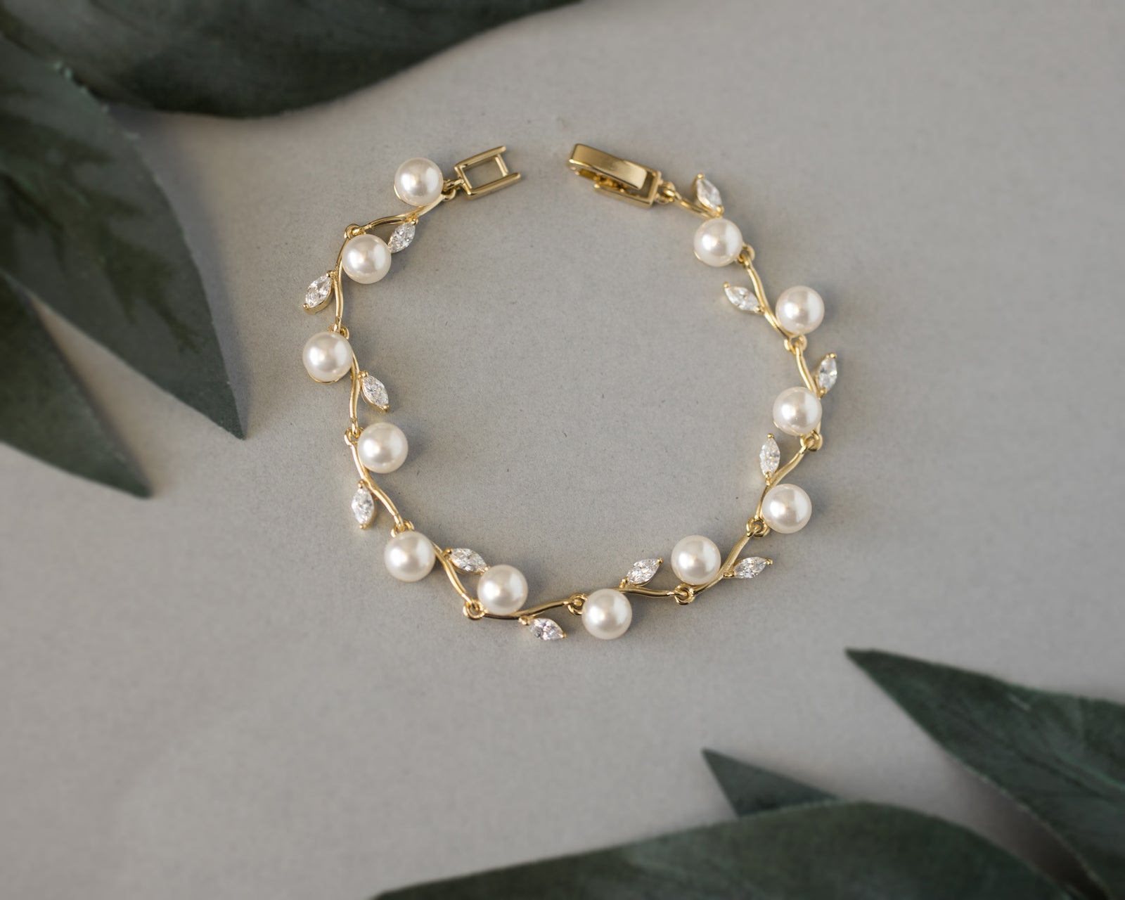 Pearl and CZ Leaves Bracelet - Cassandra Lynne