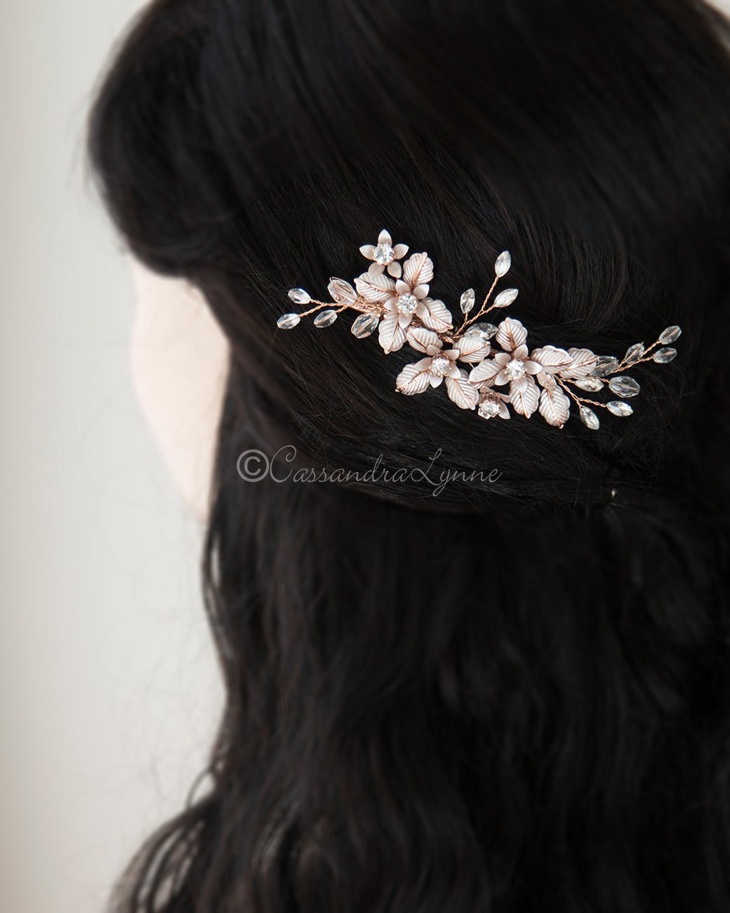 Petite Crystal Bridal Hair Clip of Brushed Metal Flowers - Cassandra Lynne