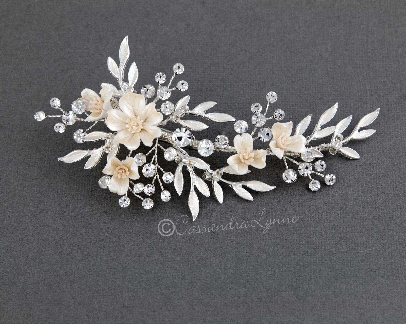 Porcelain Ivory Flowers and Crystals Bridal Clip - Hair Clips - Cassandra Lynne