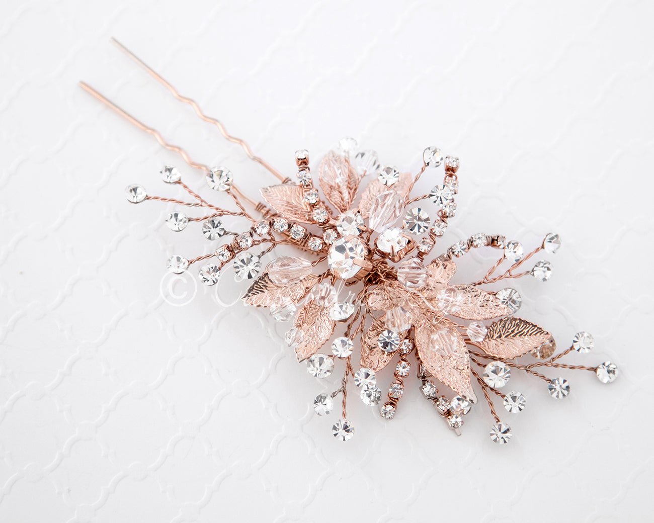Rose Gold Bridal Hair Pin of Crystals and Leaves - Cassandra Lynne