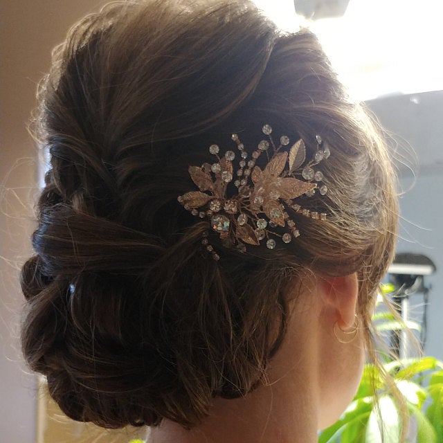 Rose Gold Bridal Hair Pin of Crystals and Leaves - Cassandra Lynne