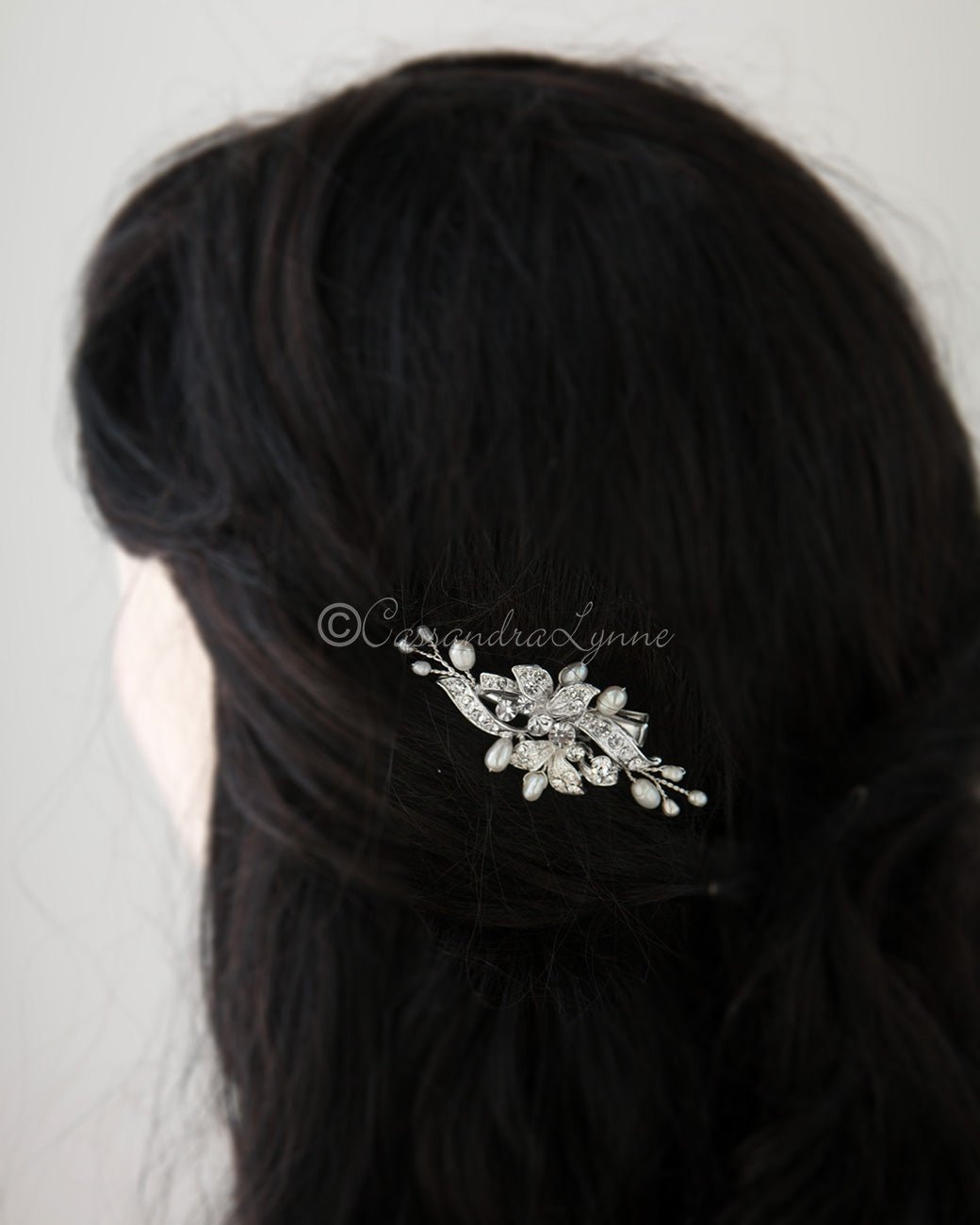 Small Gold Crystal and Pearl Floral Hair Clip - Cassandra Lynne