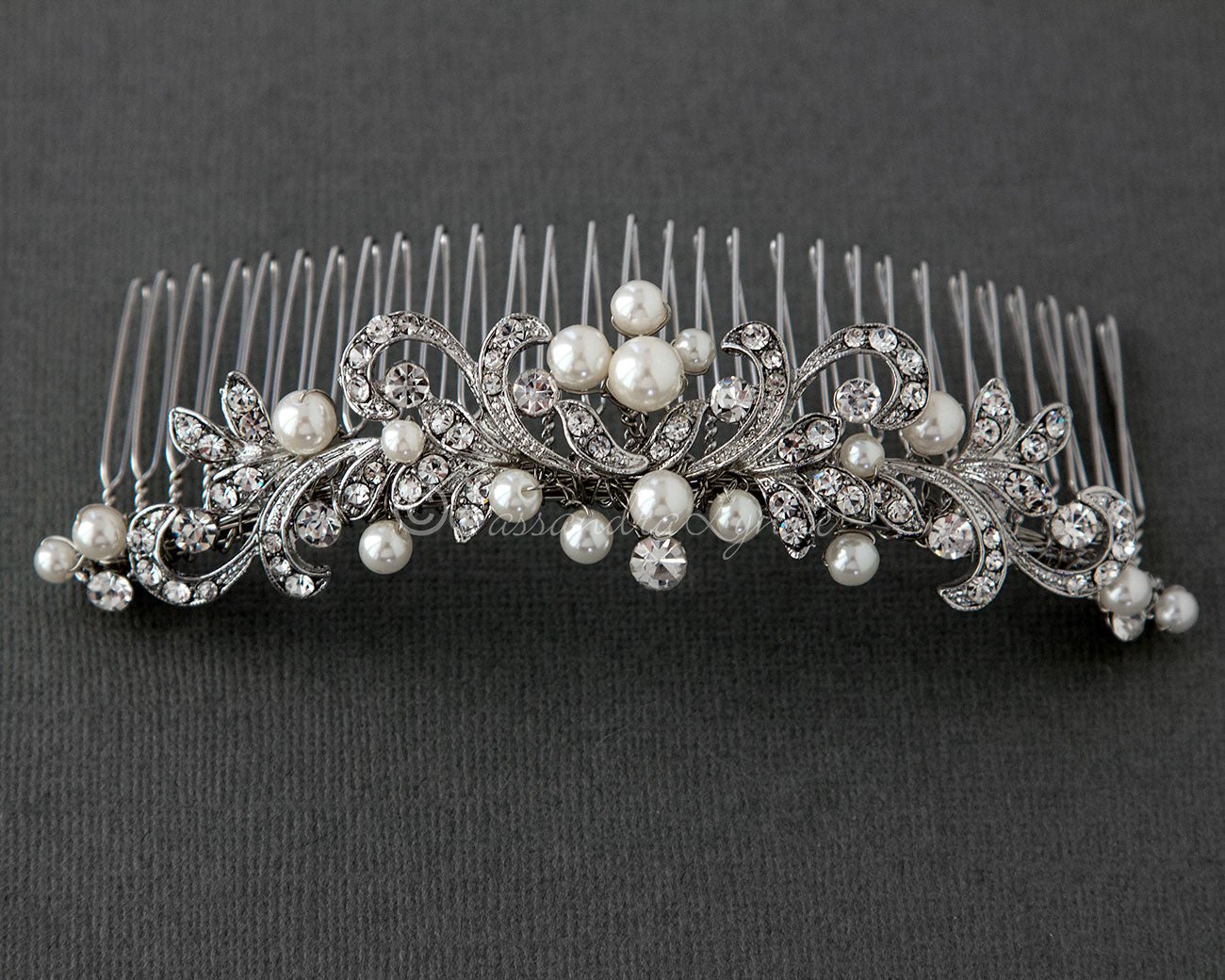 Tiara Comb of Antiqued Silver Scrolls and Pearls - Cassandra Lynne