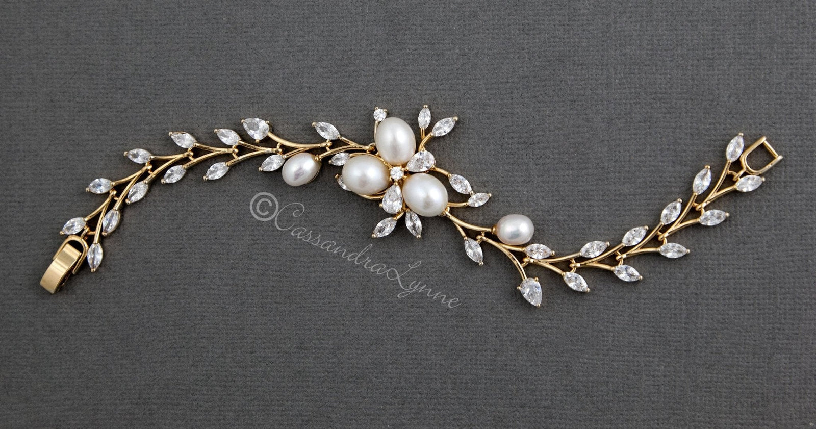 Wedding Bracelet with Ivory Pearl Flower and CZ Vine - Bracelet - Cassandra Lynne