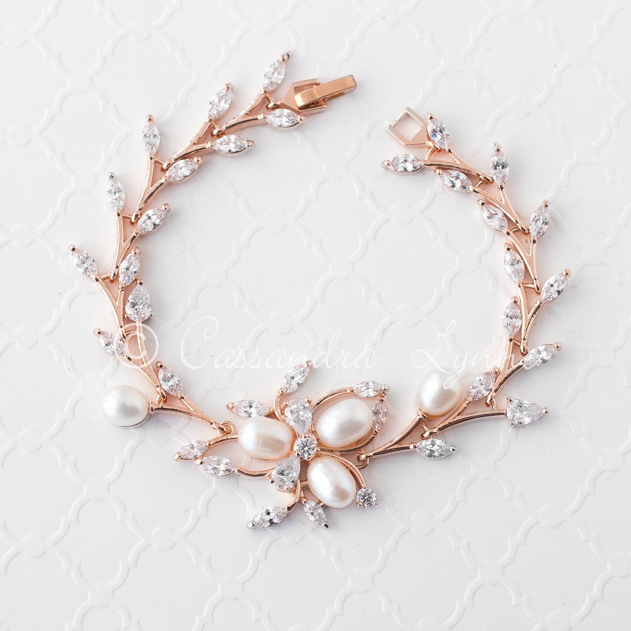 Wedding Bracelet with Ivory Pearl Flower and CZ Vine - Bracelet - Cassandra Lynne