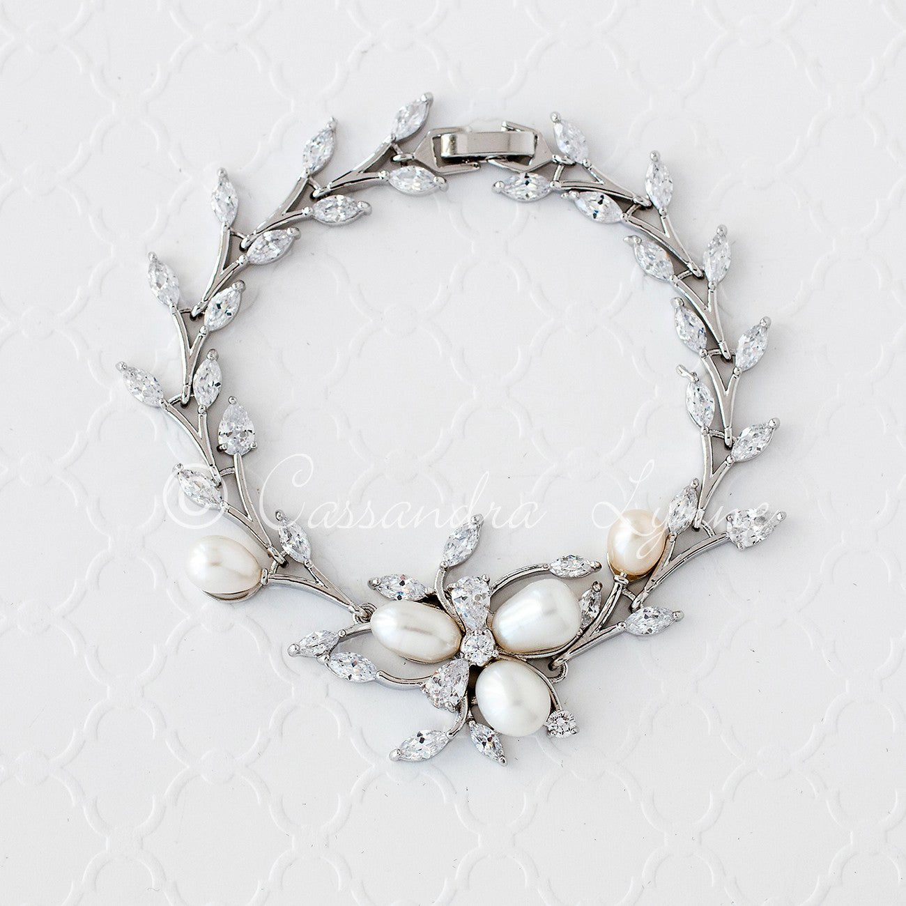 Wedding Bracelet with Ivory Pearl Flower and CZ Vine - Cassandra Lynne