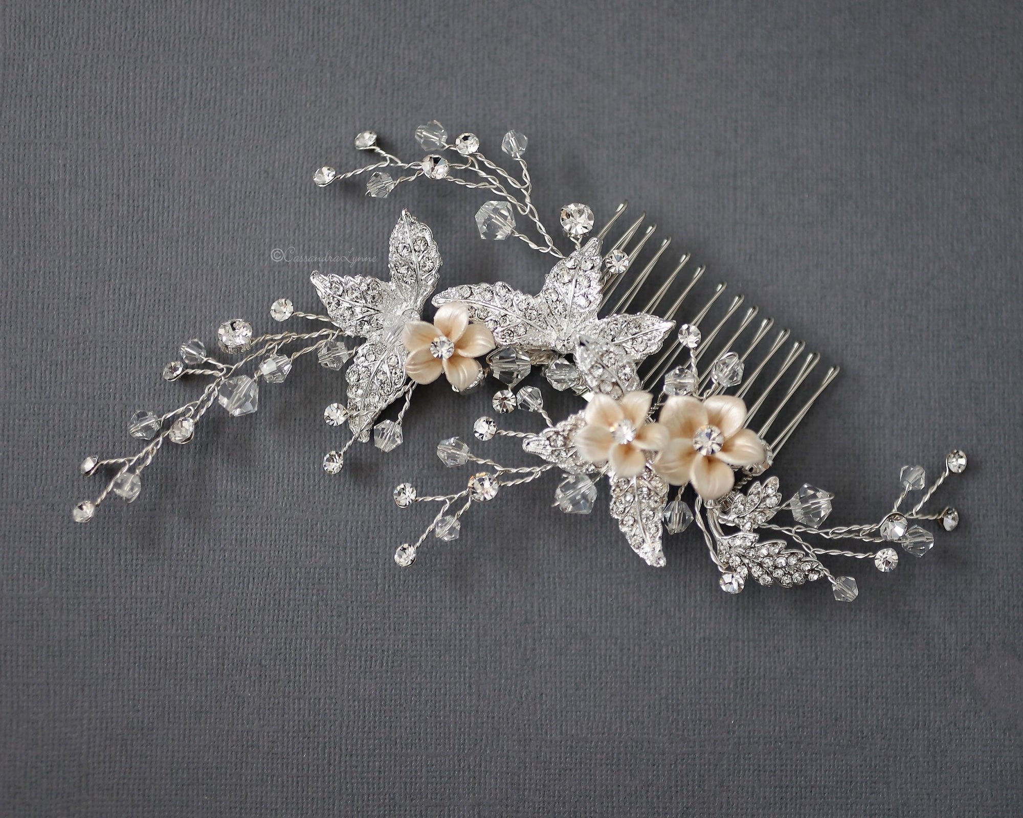 Wedding Comb of Porcelain Flowers Leaves and Crystals - Cassandra Lynne