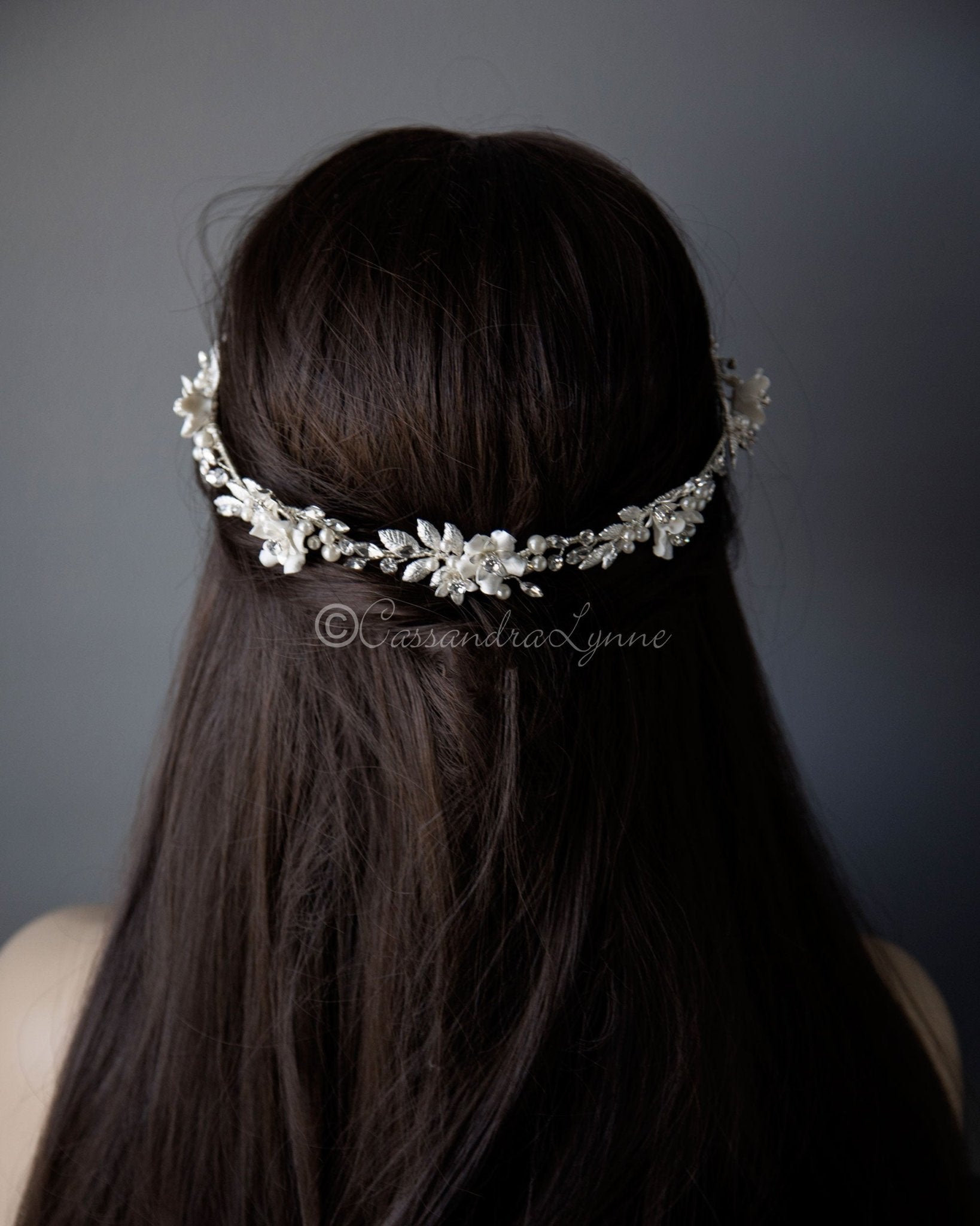 Wedding Headband with Porcelian Flowers and Pearls - Cassandra Lynne