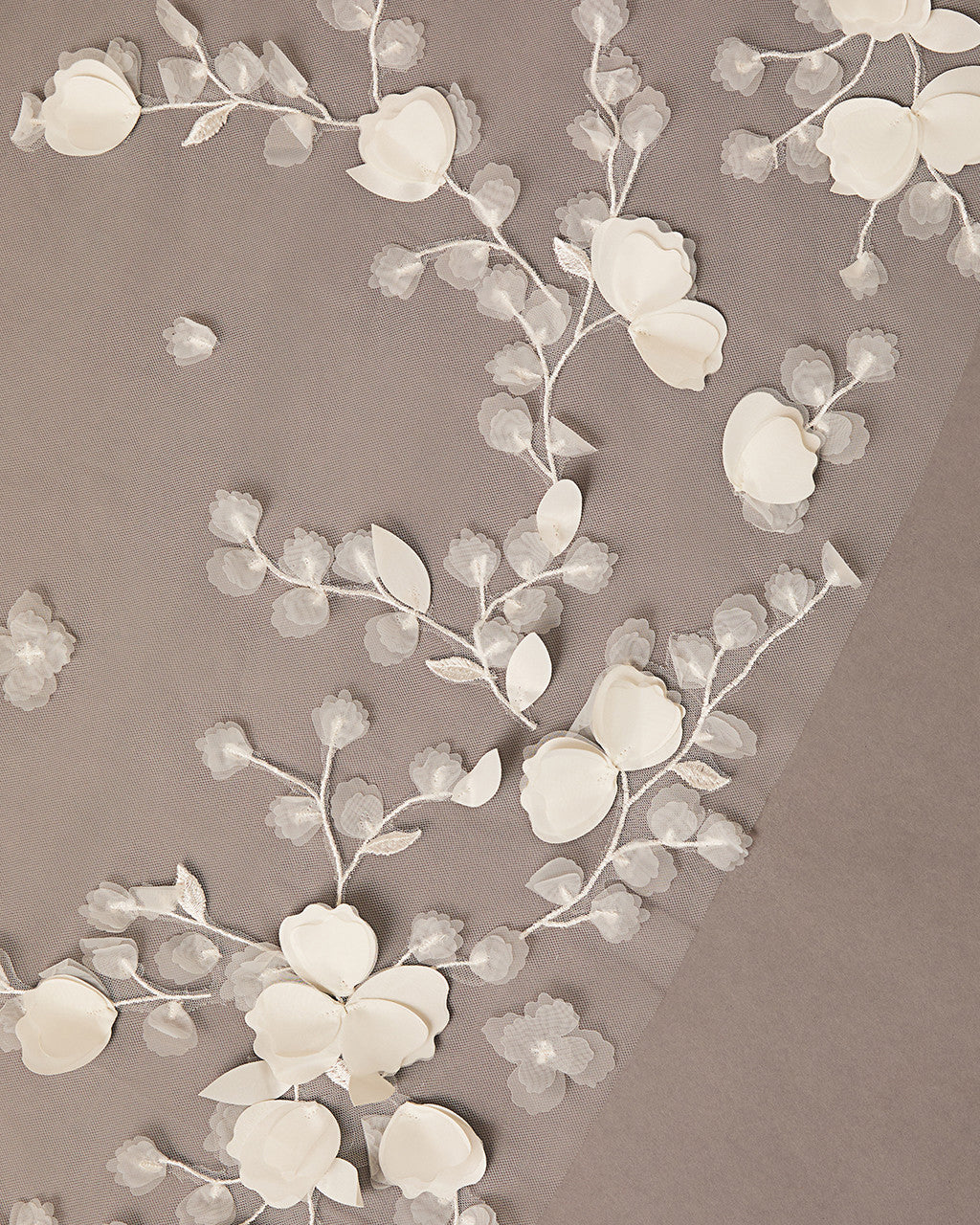 Decorative white floral branch on a brown background 3D Flowers and Leaves Bridal Royal Cathedral Veil