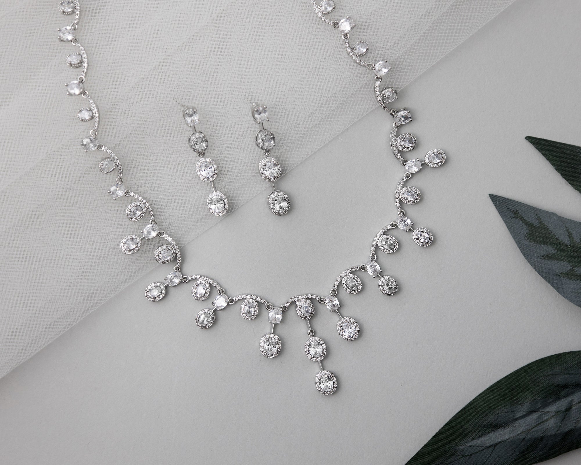 Scalloped Oval Drops CZ Bridal Necklace Set - Cassandra Lynne