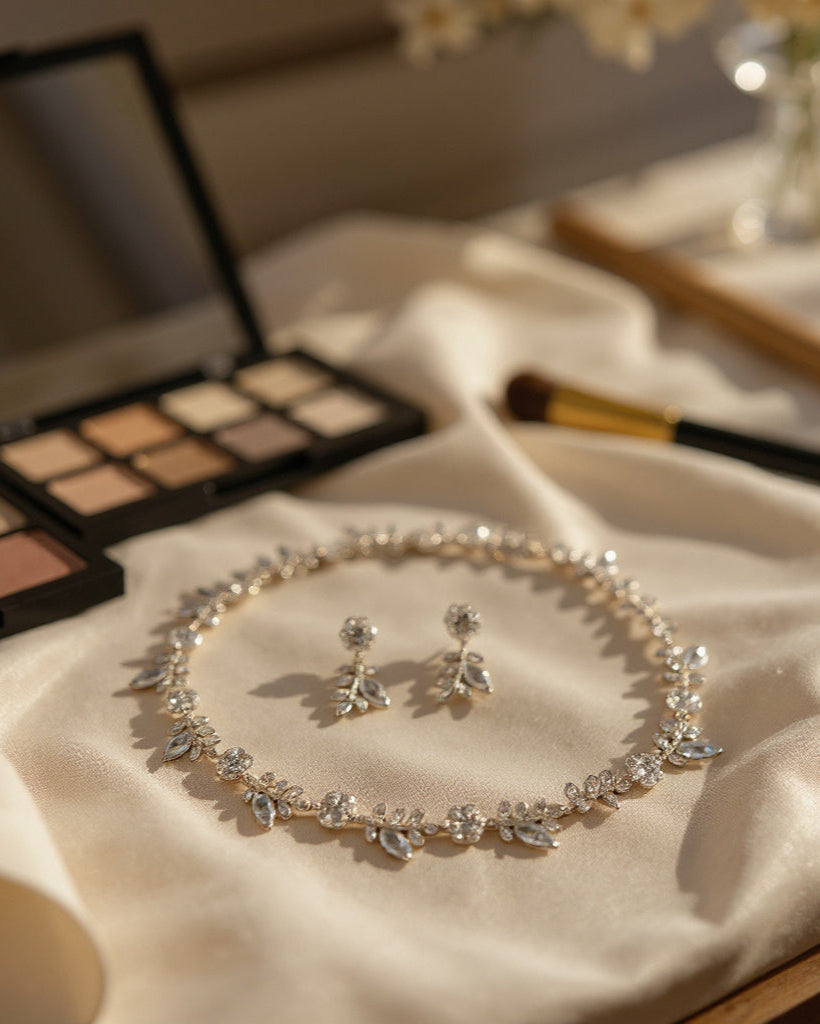 Jewelry set with necklace and earrings on a beige fabric surface, with makeup palette and brushes in the background.