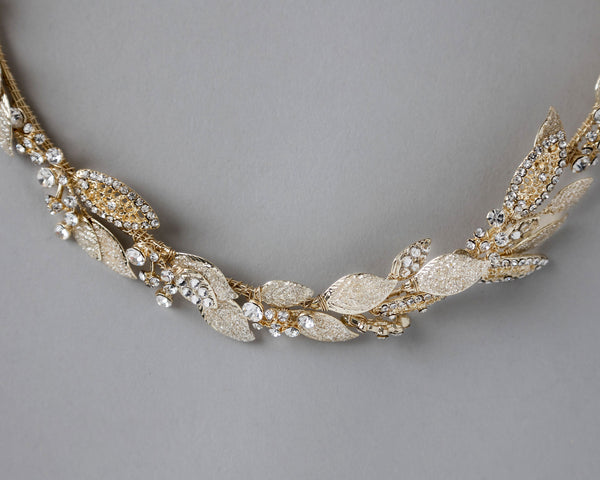 Light Gold Bridal Headband with Shimmer Leaves