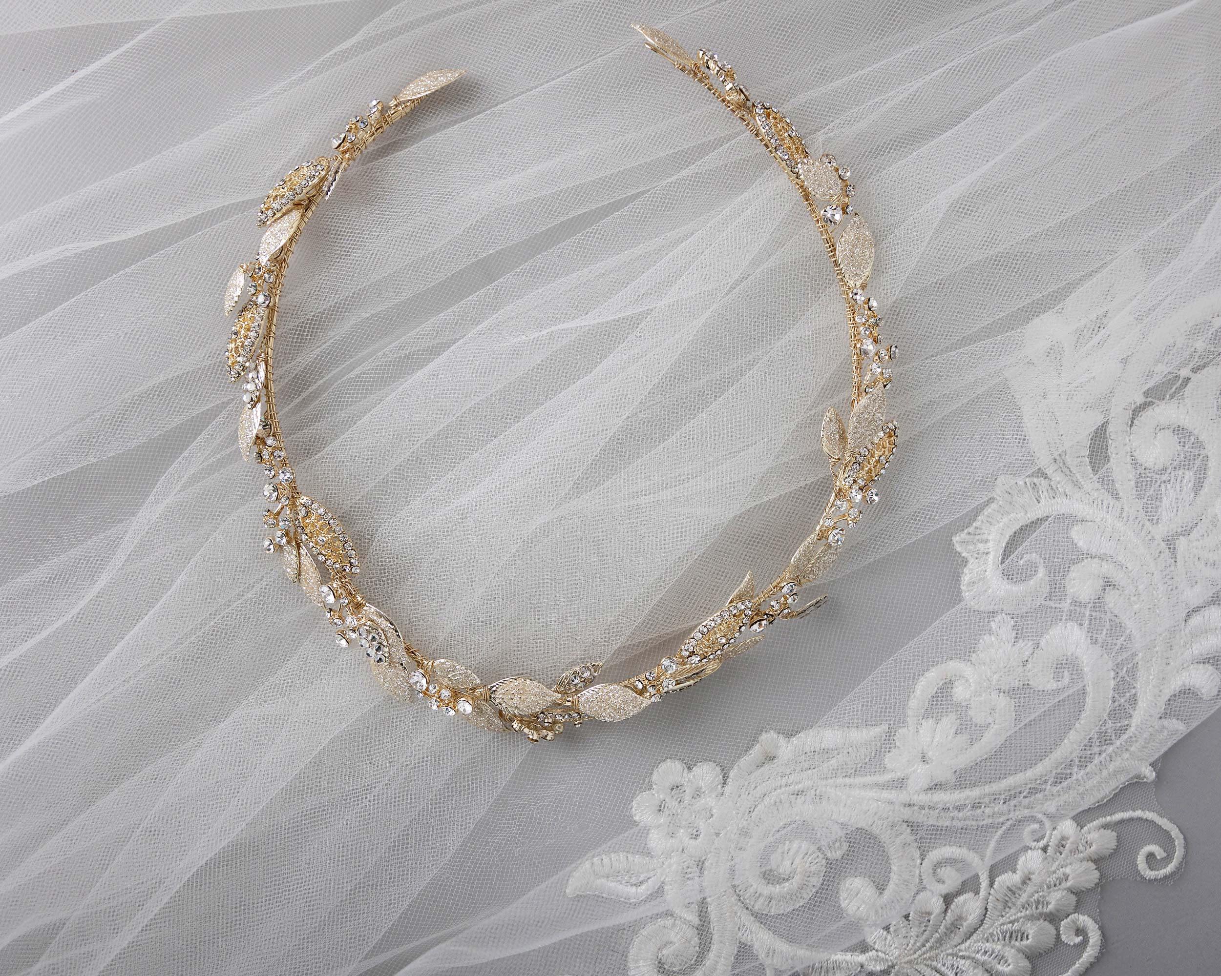 Gold buy and pearl flower bridal headband with crystal accents