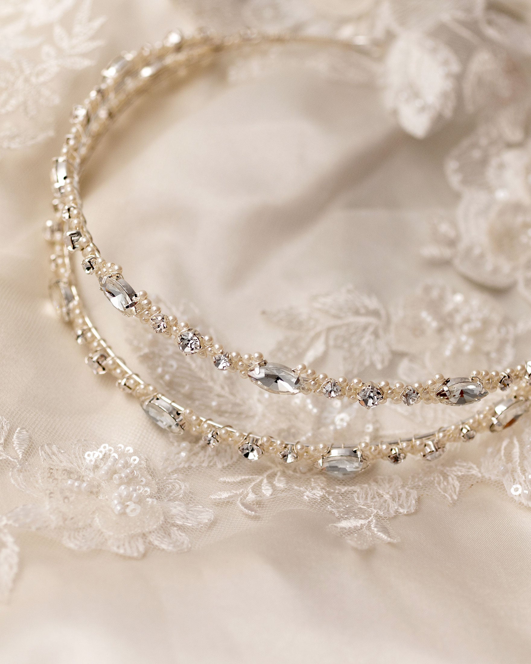 Two Tier Wedding Headband with Pearl Beads - Silver- Cassandra Lynne