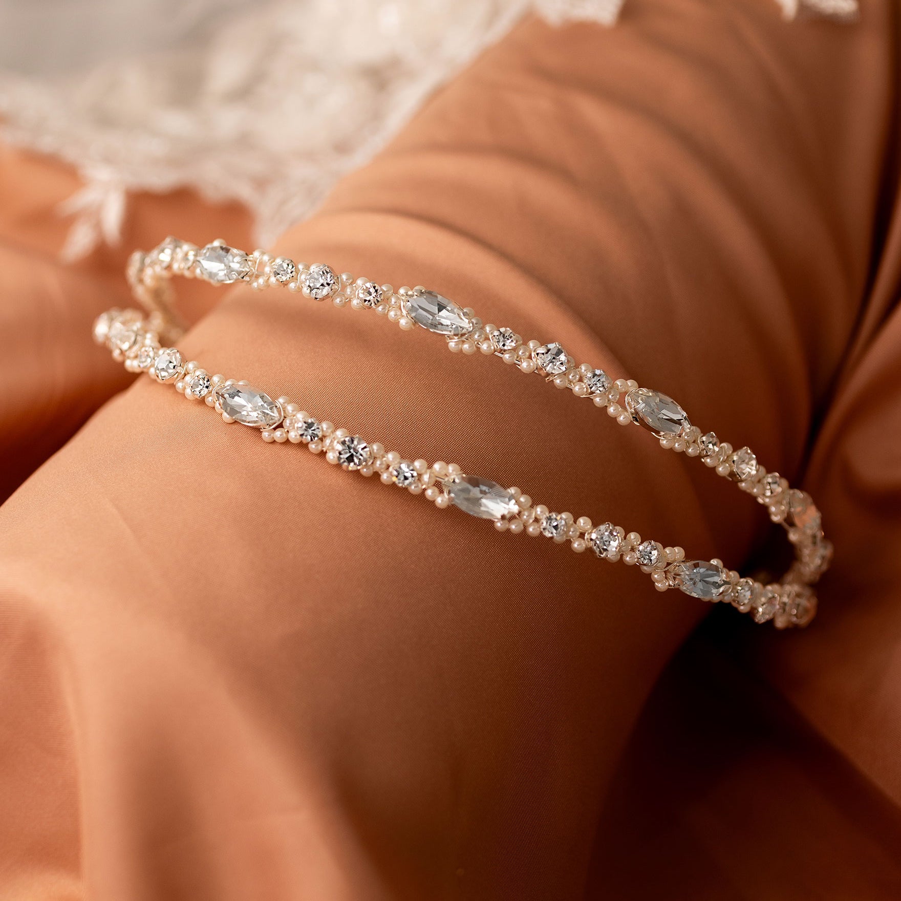 Two Tier Wedding Headband with Pearl Beads - Silver- Cassandra Lynne