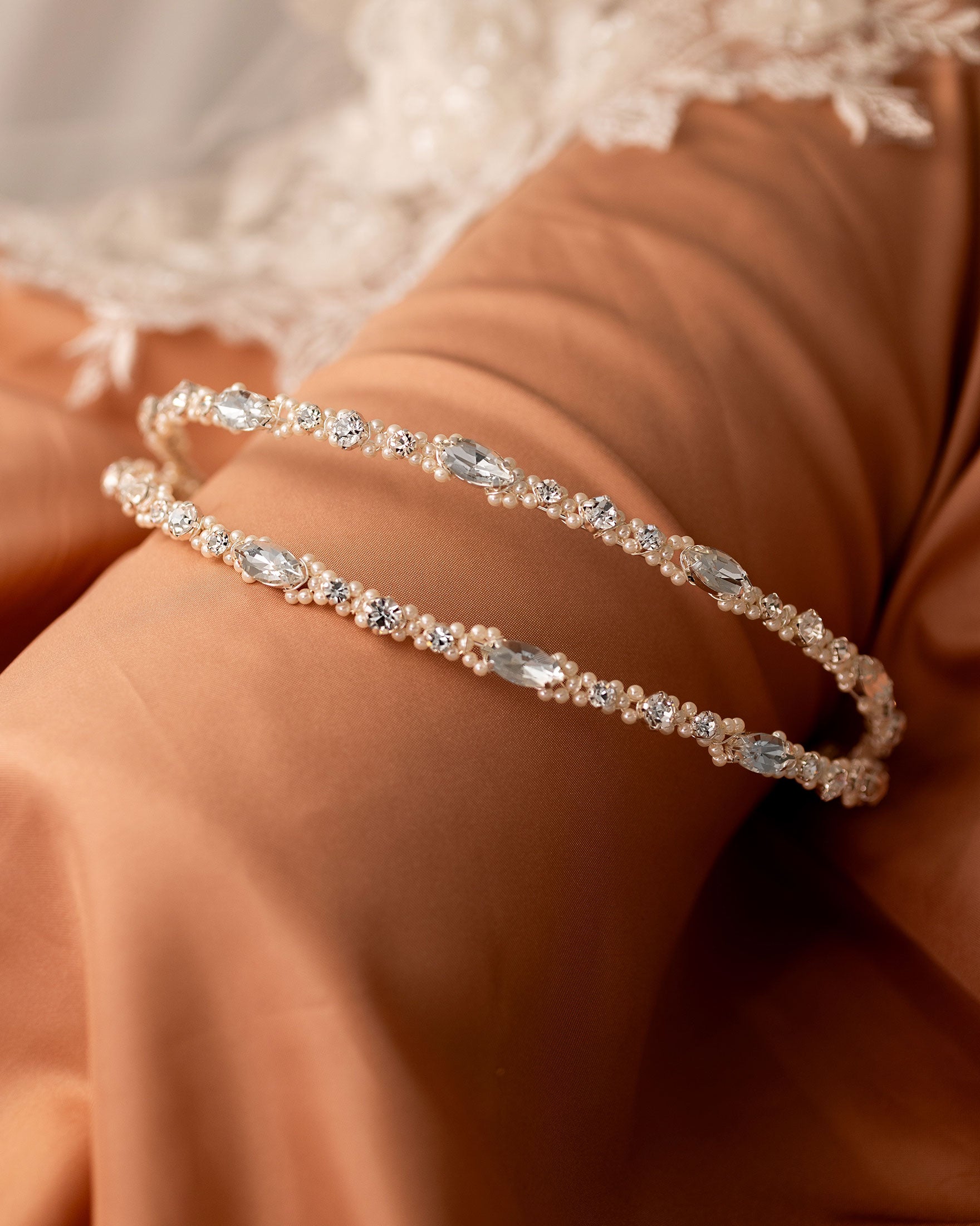 Two Tier Wedding Headband with Pearl Beads - Silver- Cassandra Lynne