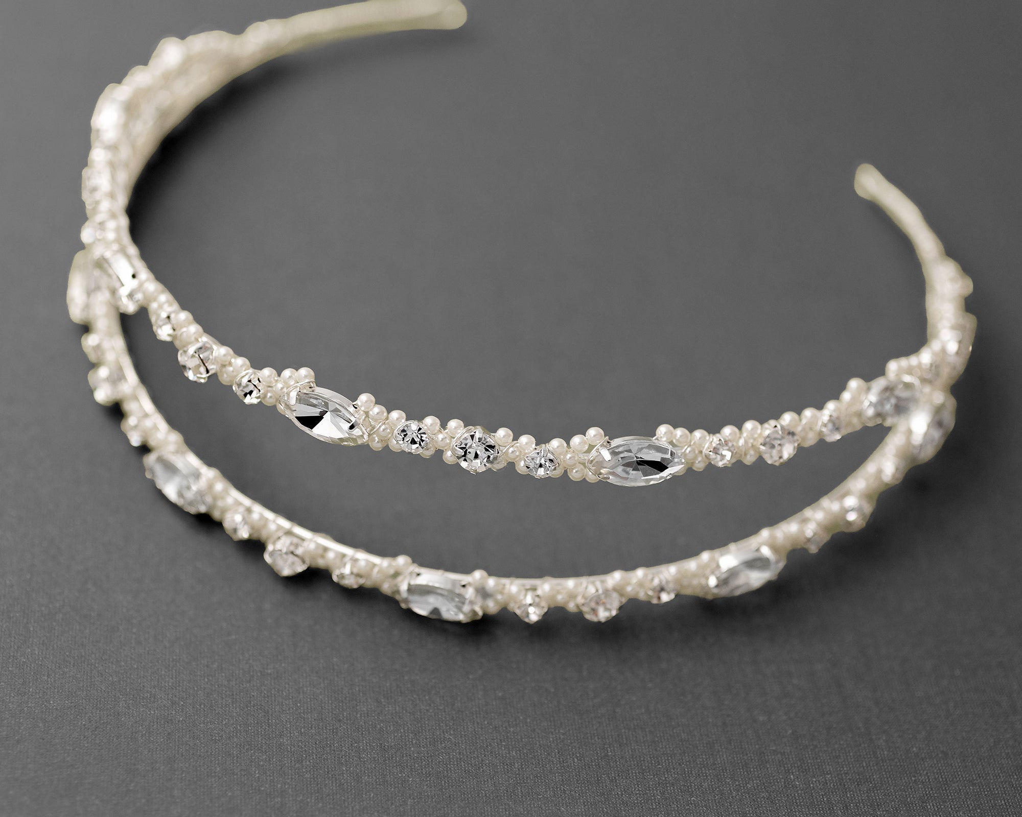 Two Tier Wedding Headband with Pearl Beads - Silver- Cassandra Lynne