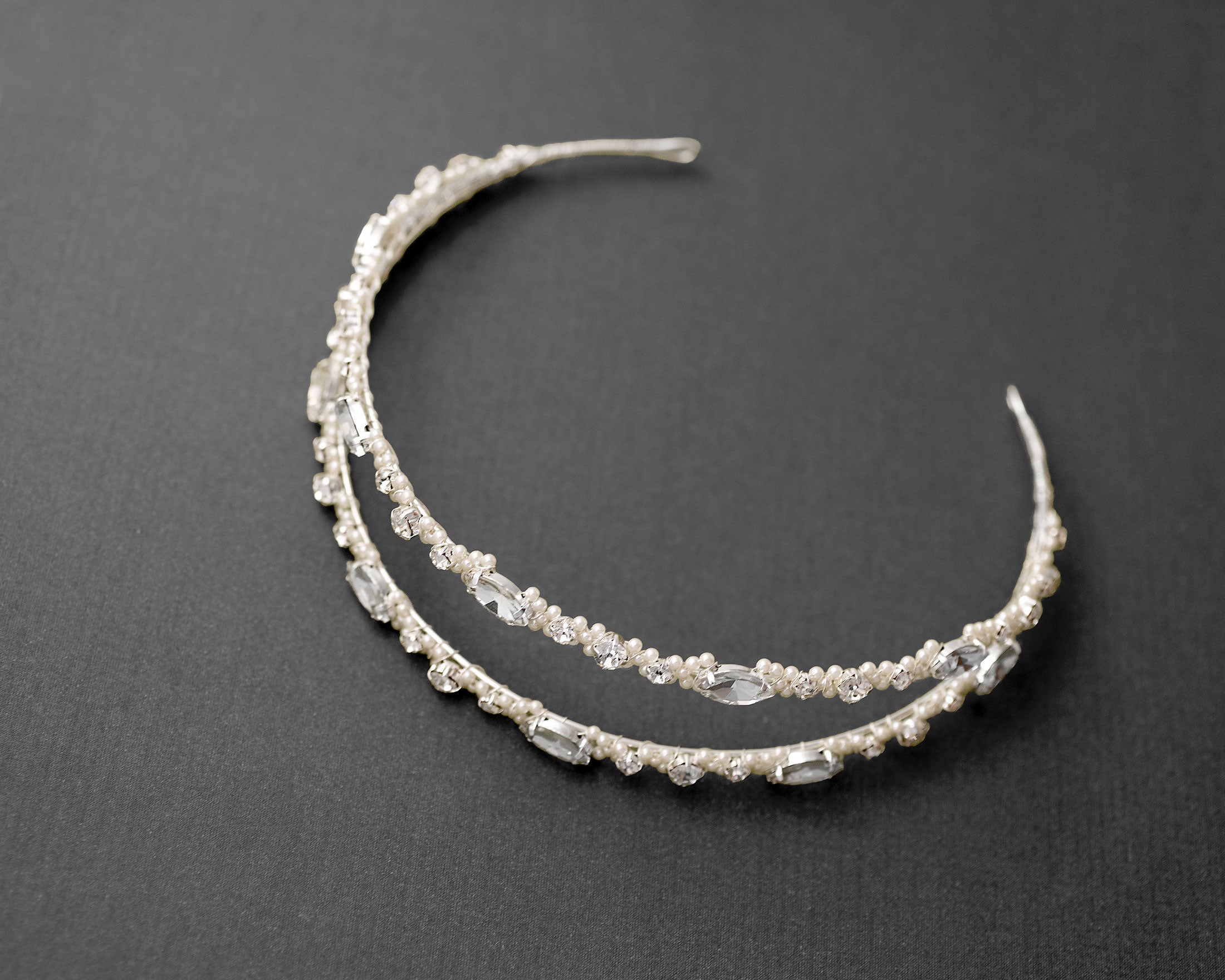 Two Tier Wedding Headband with Pearl Beads - Silver- Cassandra Lynne