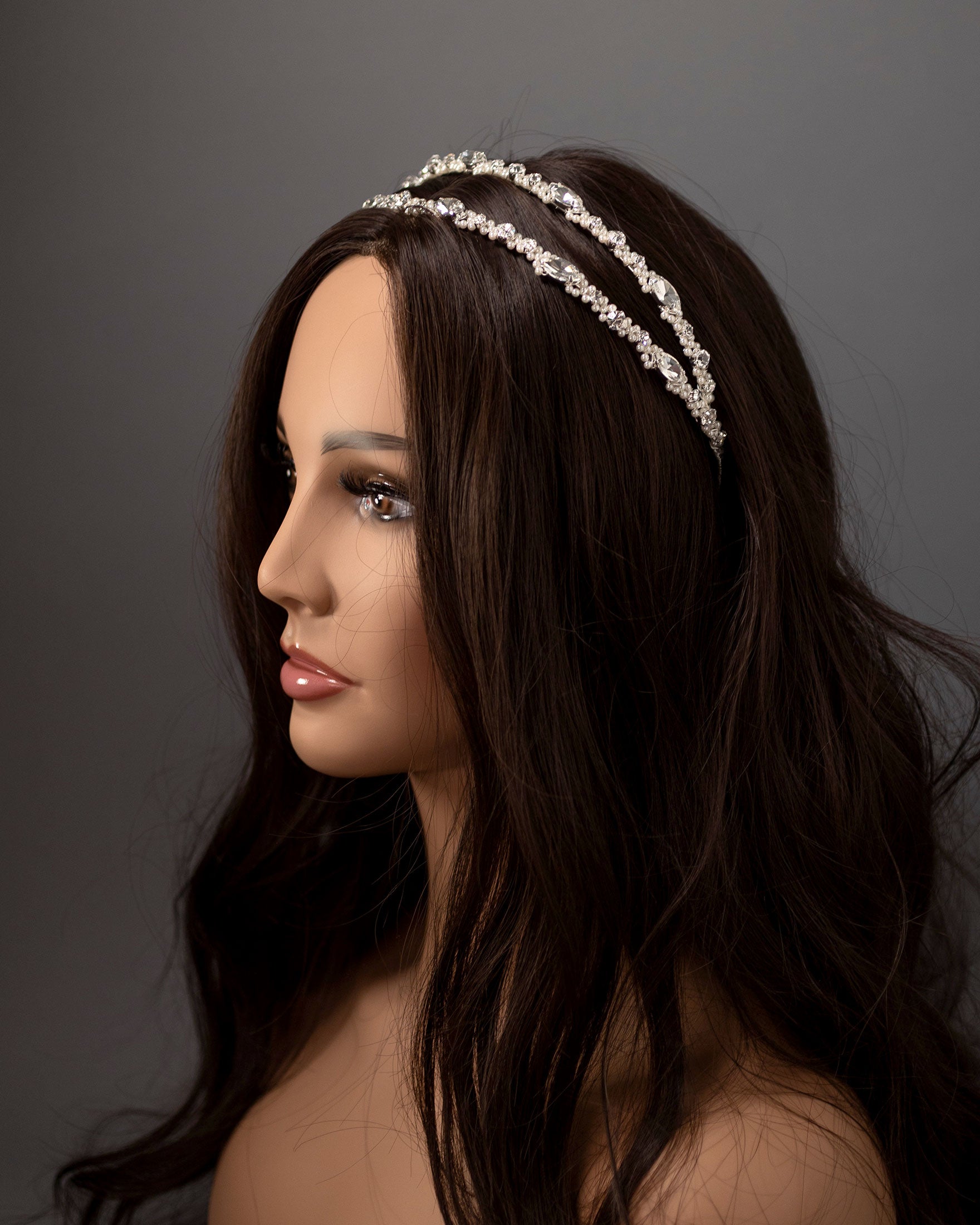 Two Tier Wedding Headband with Pearl Beads - Silver- Cassandra Lynne