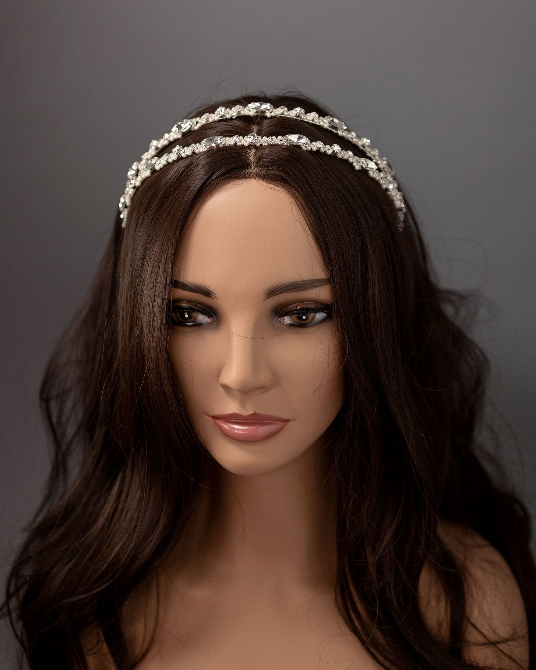 Two Tier Wedding Headband with Pearl Beads - Silver- Cassandra Lynne