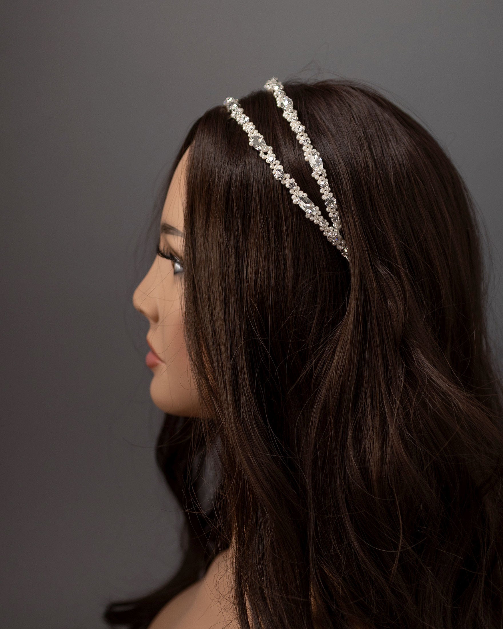Two Tier Wedding Headband with Pearl Beads - Silver- Cassandra Lynne