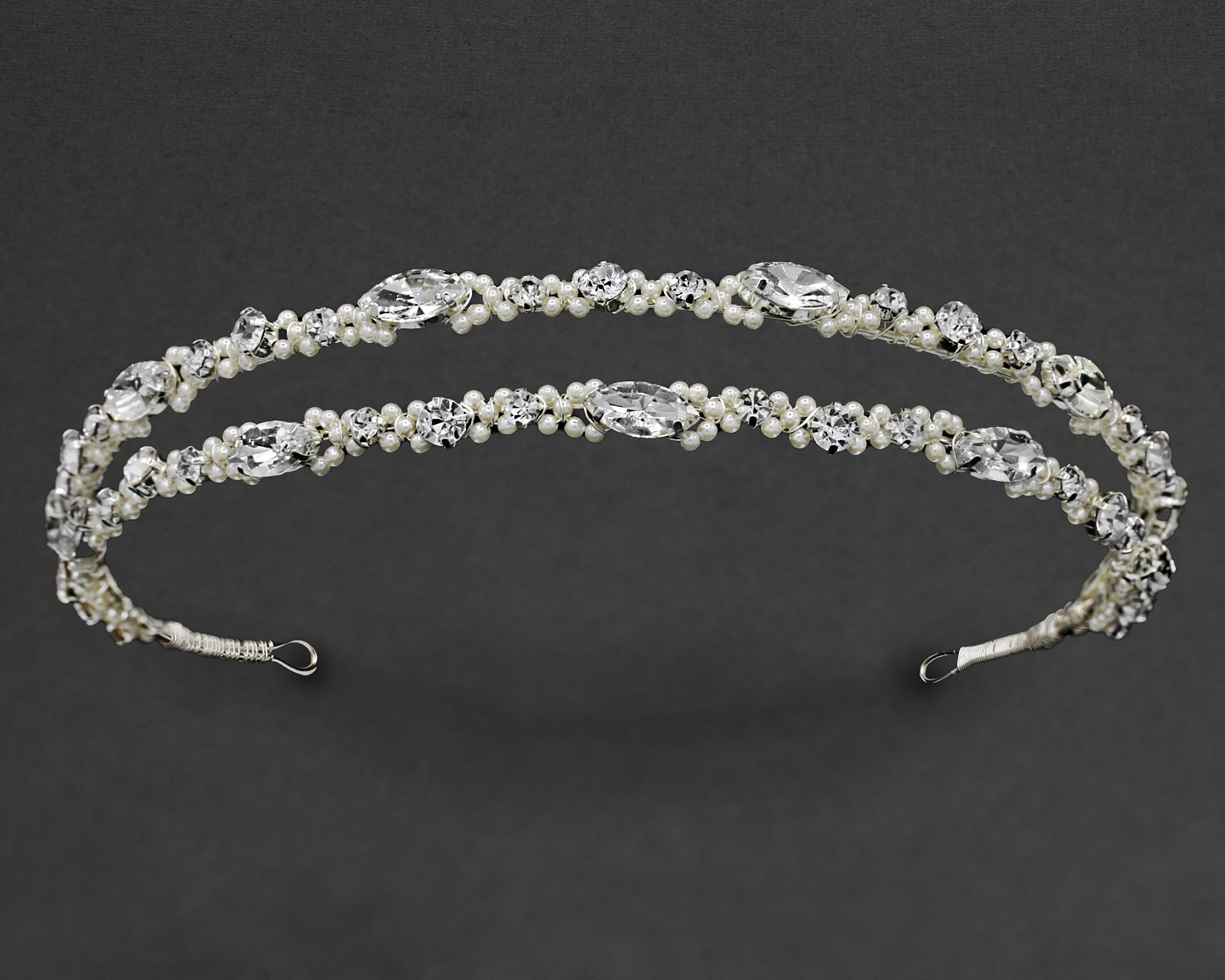 Two Tier Wedding Headband with Pearl Beads - Silver- Cassandra Lynne
