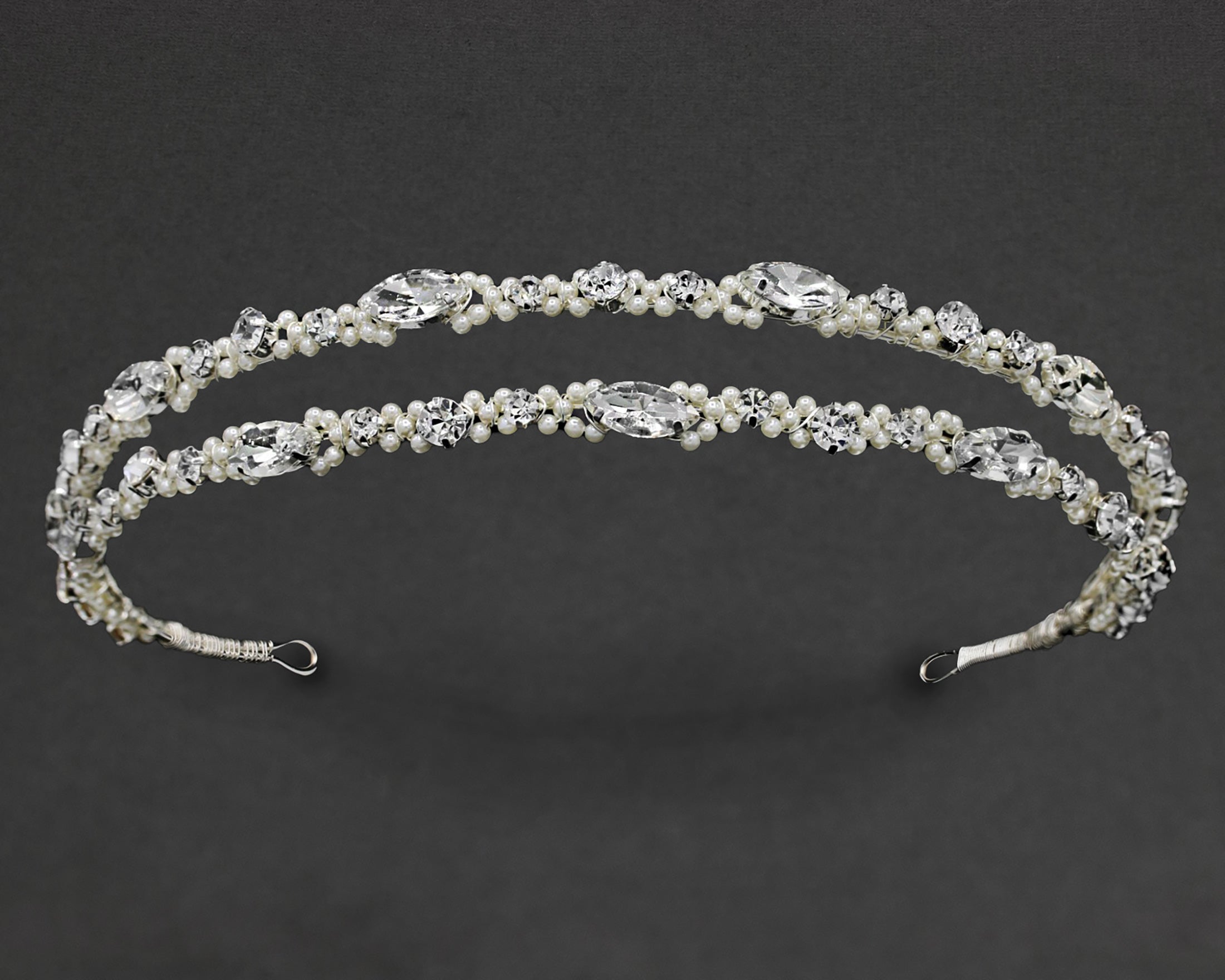 Two Tier Wedding Headband with Pearl Beads - Silver- Cassandra Lynne