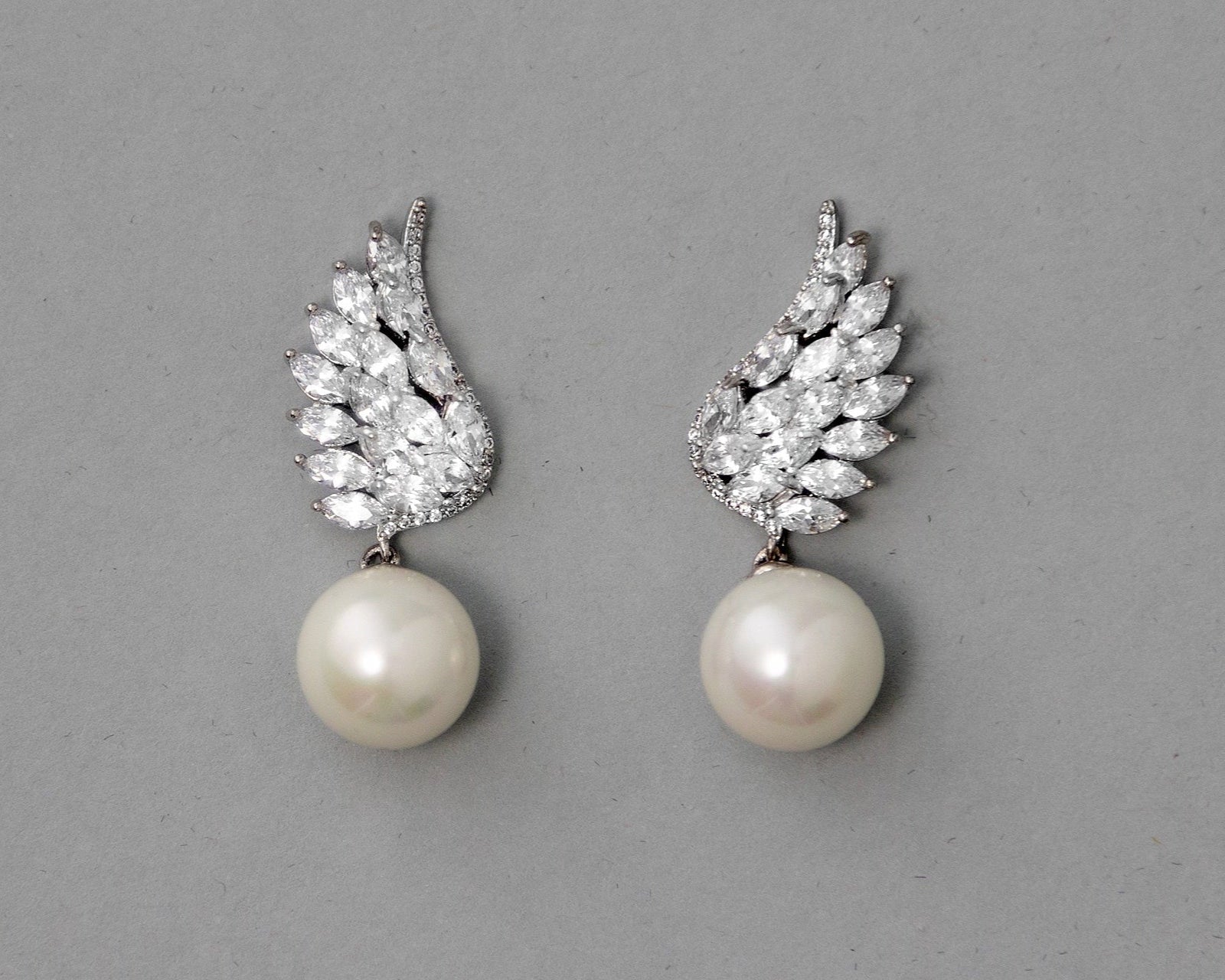 Angel Wing CZ Pearl Drop Earrings - Earrings - Cassandra Lynne