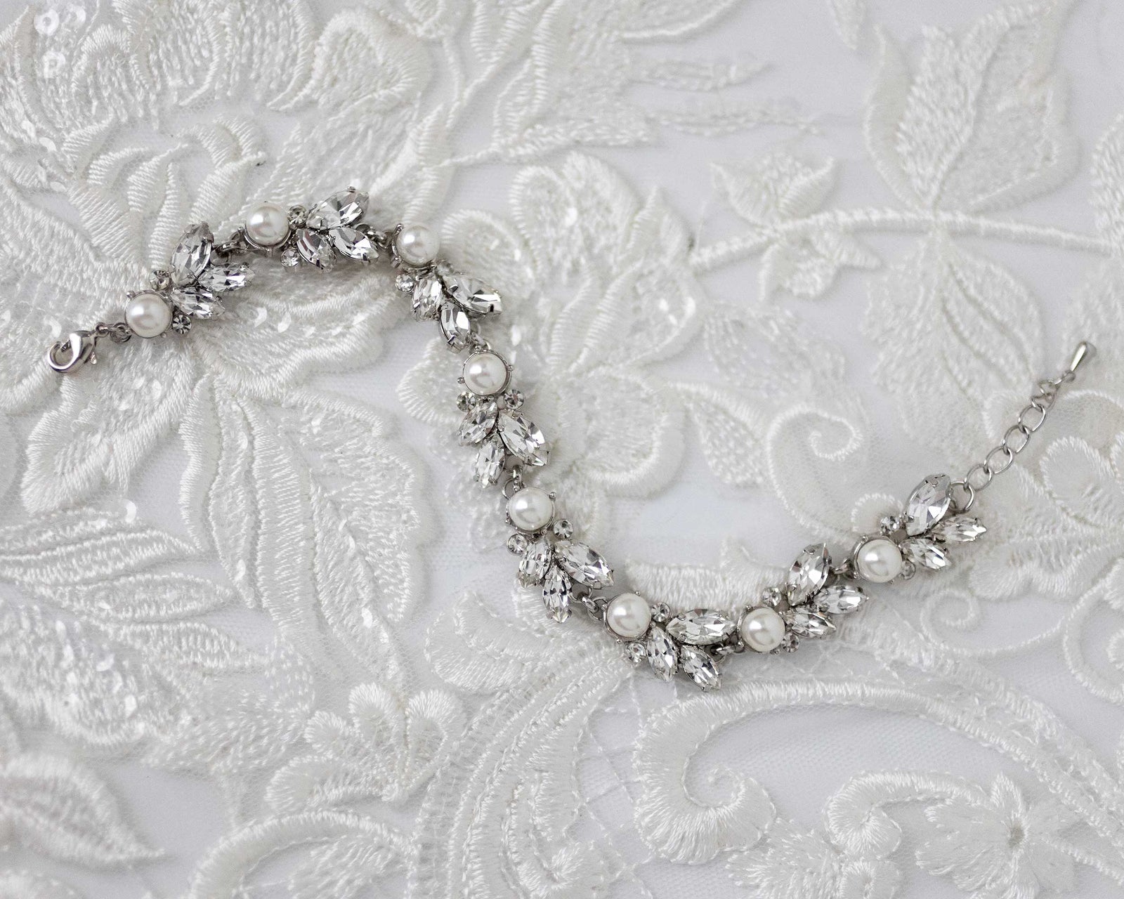 Bracelet of Pearl and Rhinestone Leaf - Cassandra Lynne