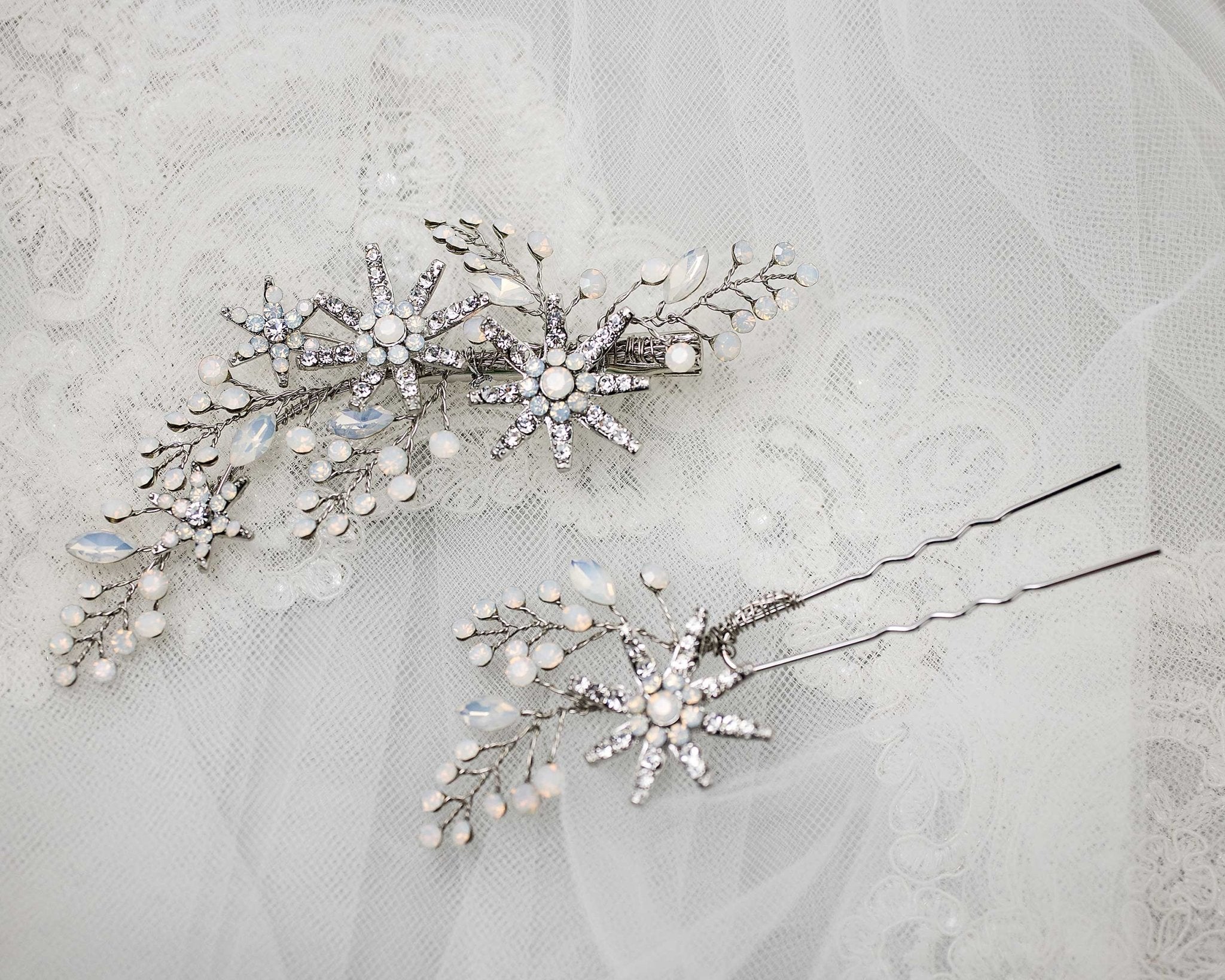 Antique Silver Opal Crystal Stars Hair Clip Set - Hair Clips - Cassandra Lynne