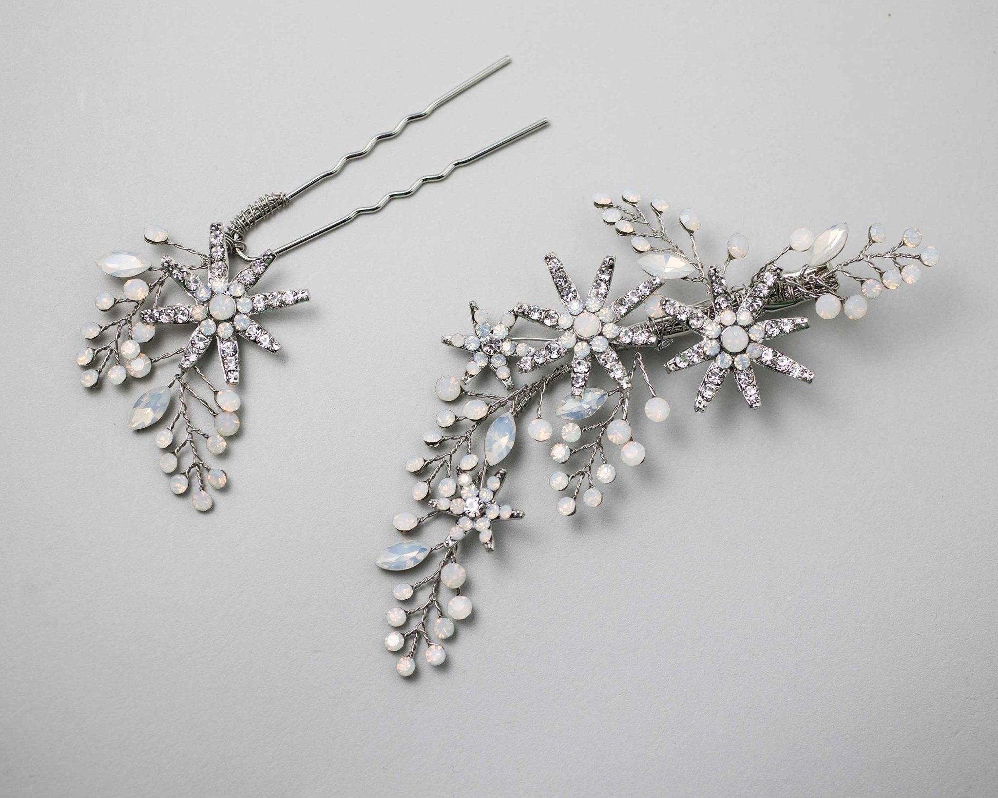 Antique Silver Opal Crystal Stars Hair Clip Set - Hair Clips - Cassandra Lynne