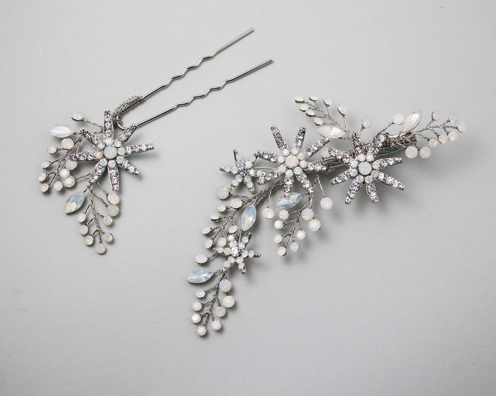 Antique Silver Opal Crystal Stars Hair Clip Set - Hair Clips - Cassandra Lynne