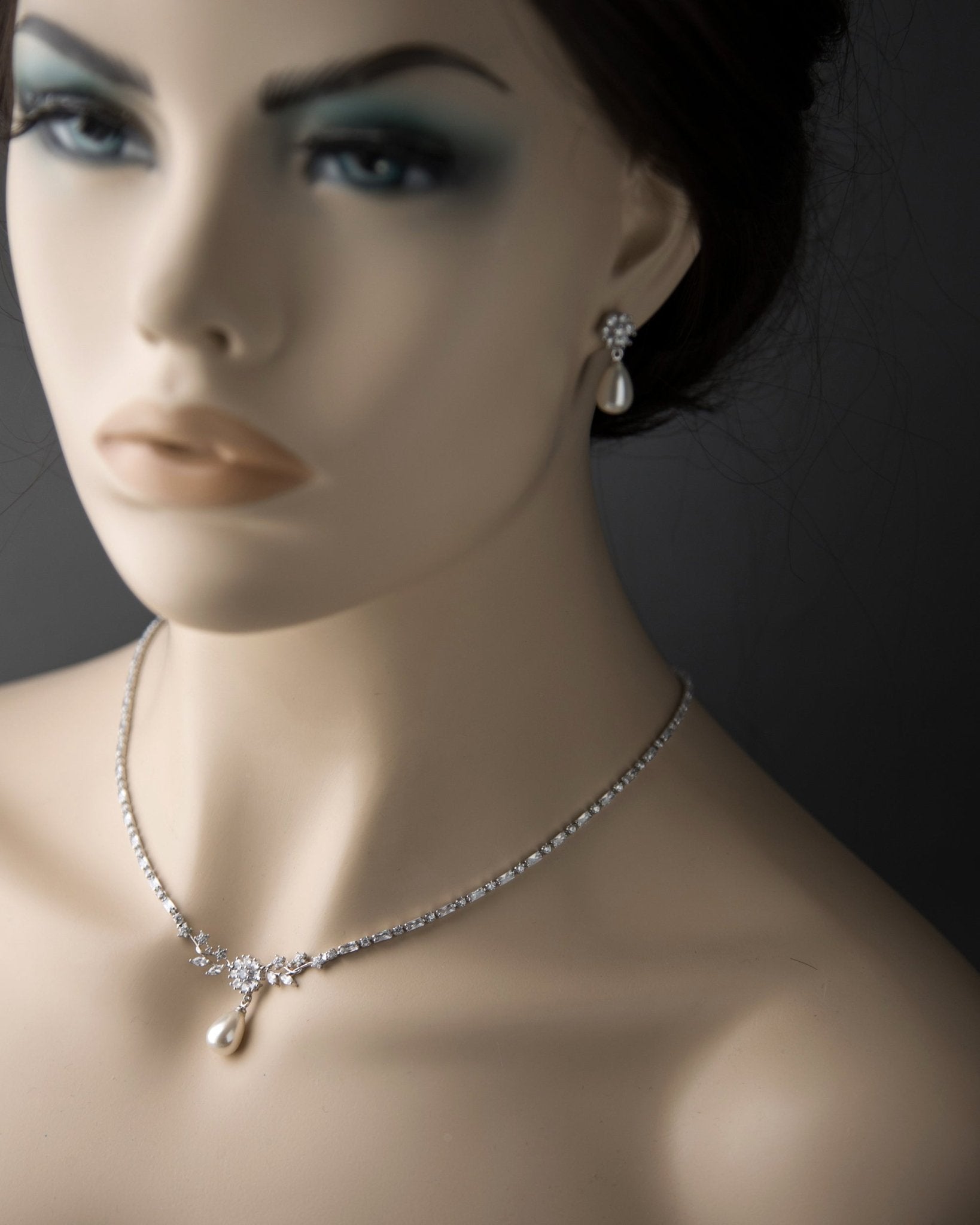 Baguette CZ Necklace Set with Ivory Teardrop Pearls - Necklace Set - Cassandra Lynne