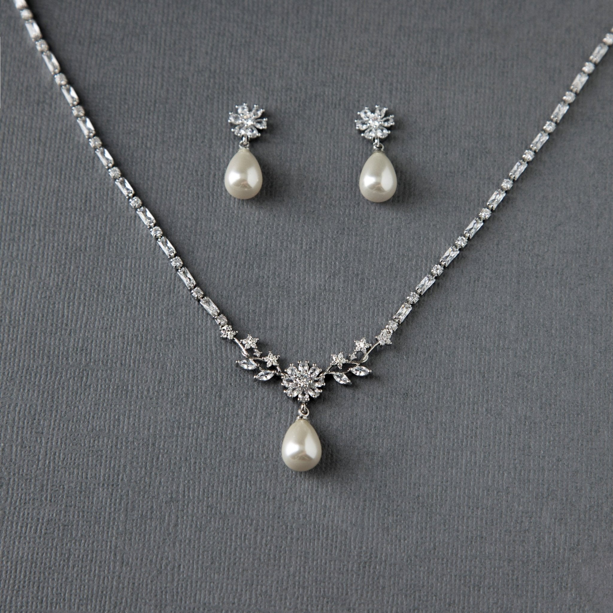 Baguette CZ Necklace Set with Ivory Teardrop Pearls - Necklace Set - Cassandra Lynne