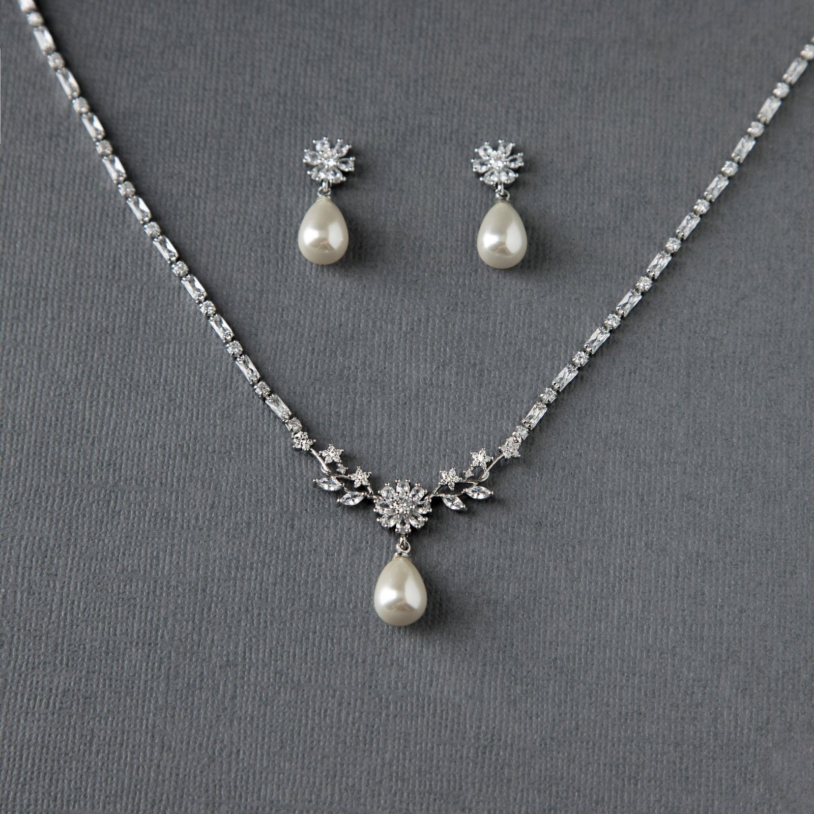 Baguette CZ Necklace Set with Ivory Teardrop Pearls - Necklace Set - Cassandra Lynne