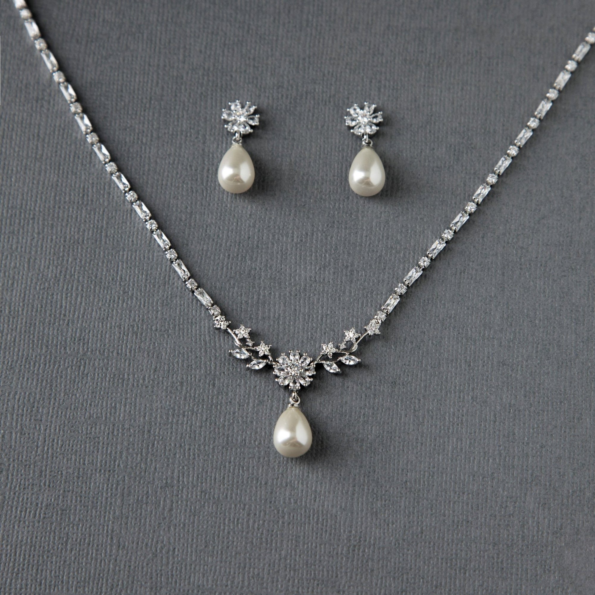 Baguette CZ Necklace Set with Ivory Teardrop Pearls - Necklace Set - Cassandra Lynne