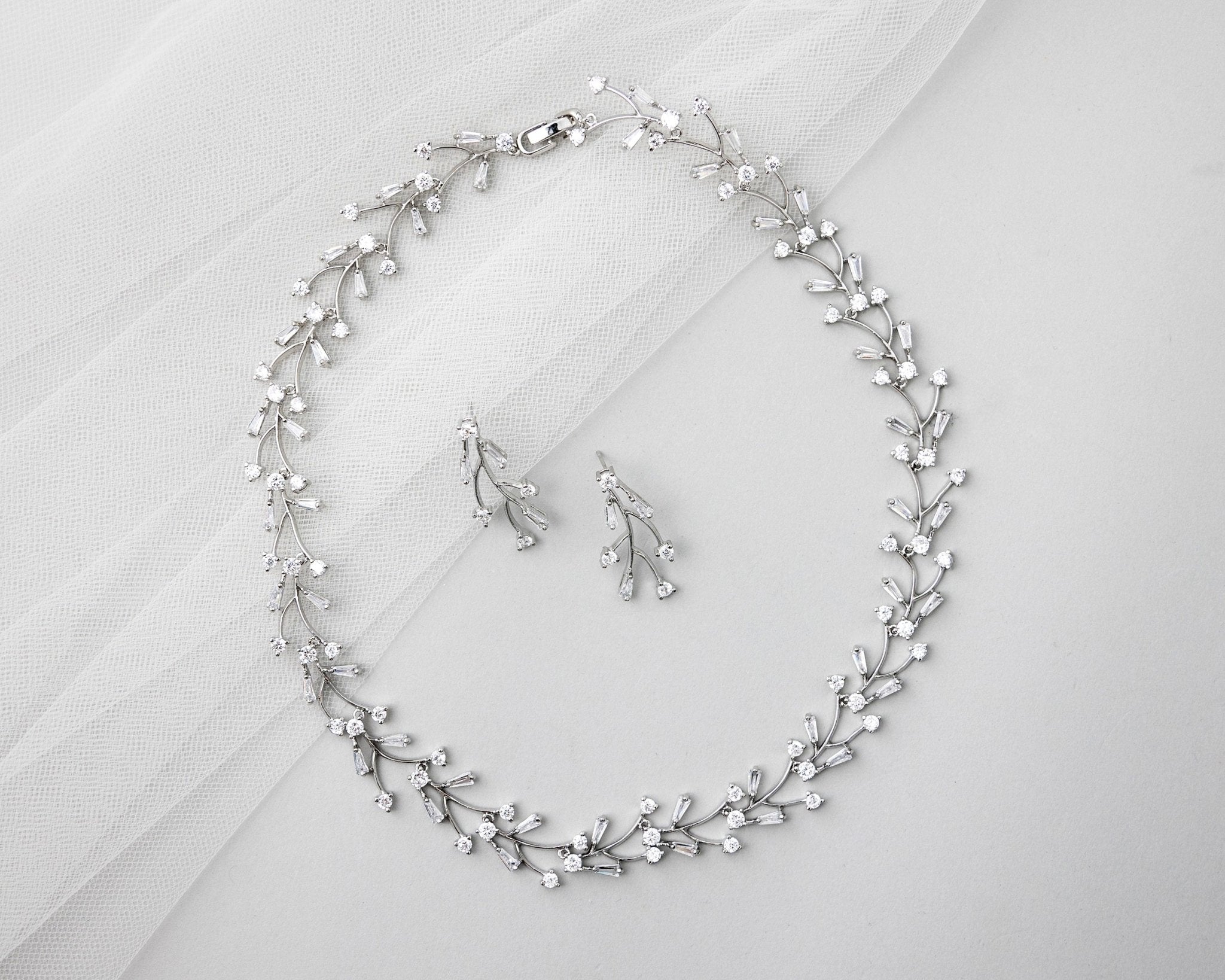 Baguette Vines Wedding Necklace and Earrings - Necklace Set - Cassandra Lynne