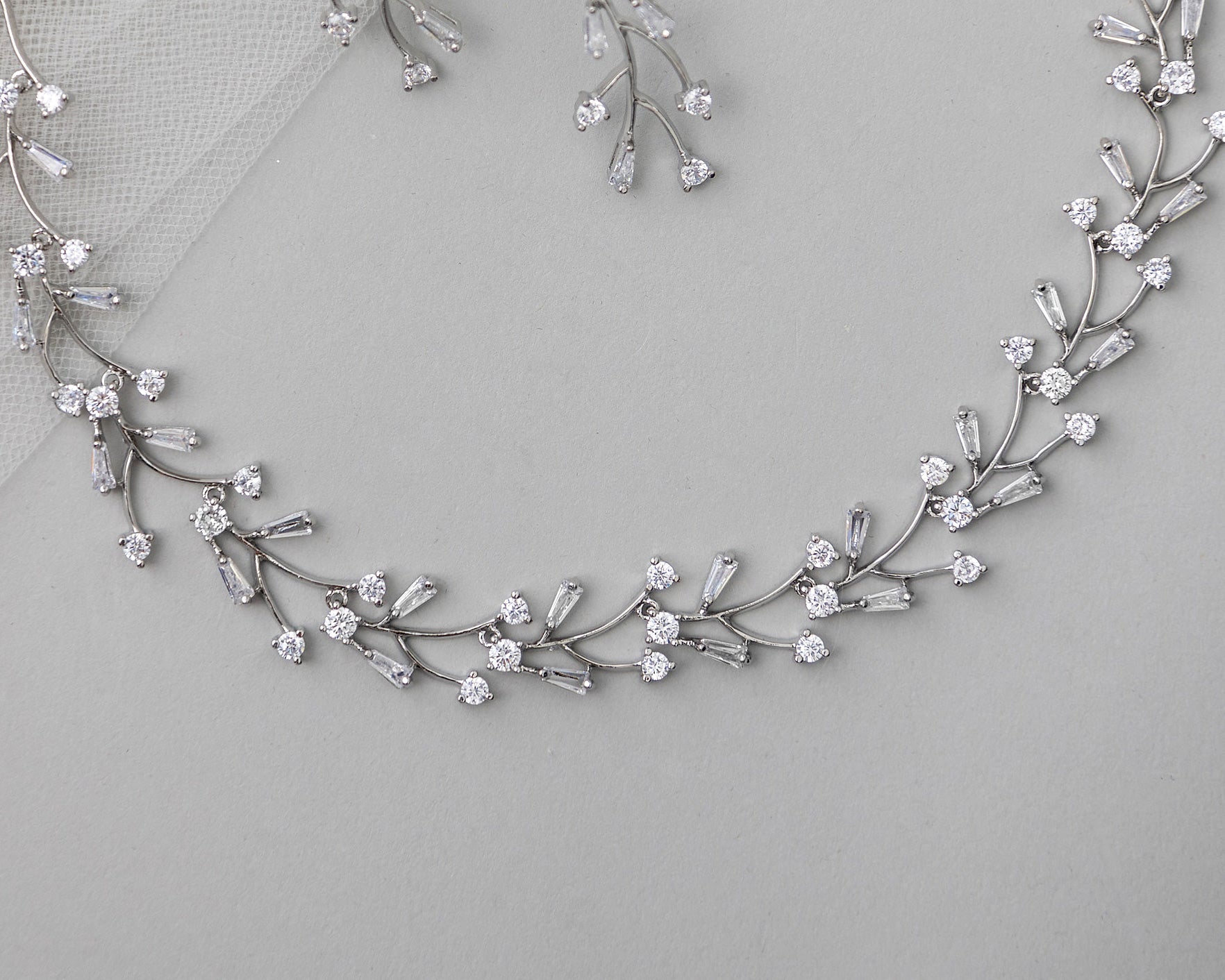 Baguette Vines Wedding Necklace and Earrings - Necklace Set - Cassandra Lynne