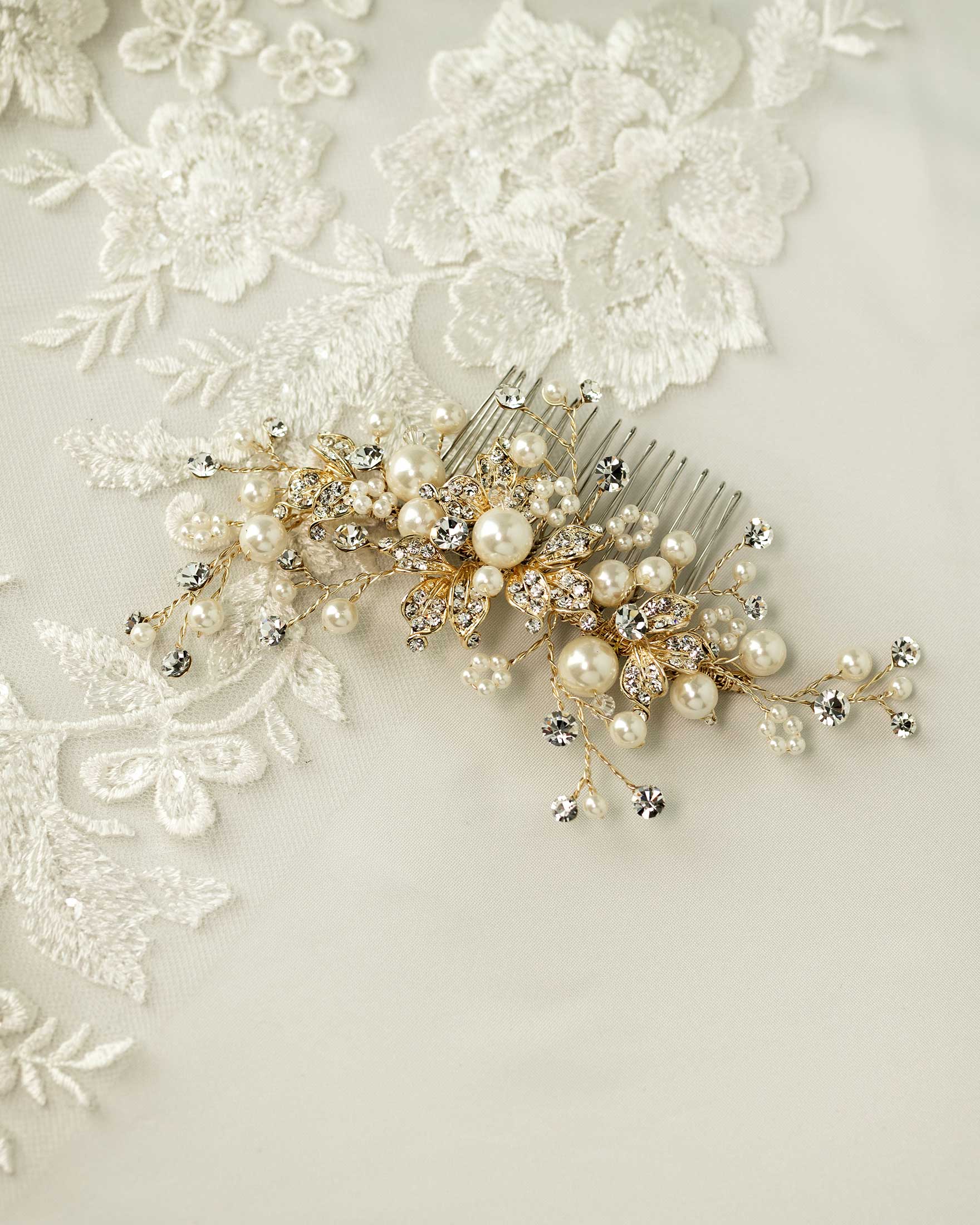 Floral Inspired Pearl Bridal Comb in Gold - Cassandra Lynne