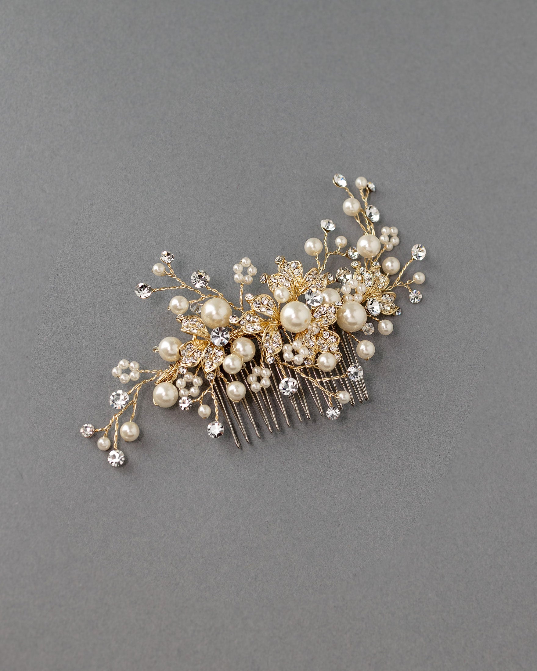 Floral Inspired Pearl Bridal Comb in Gold - Cassandra Lynne