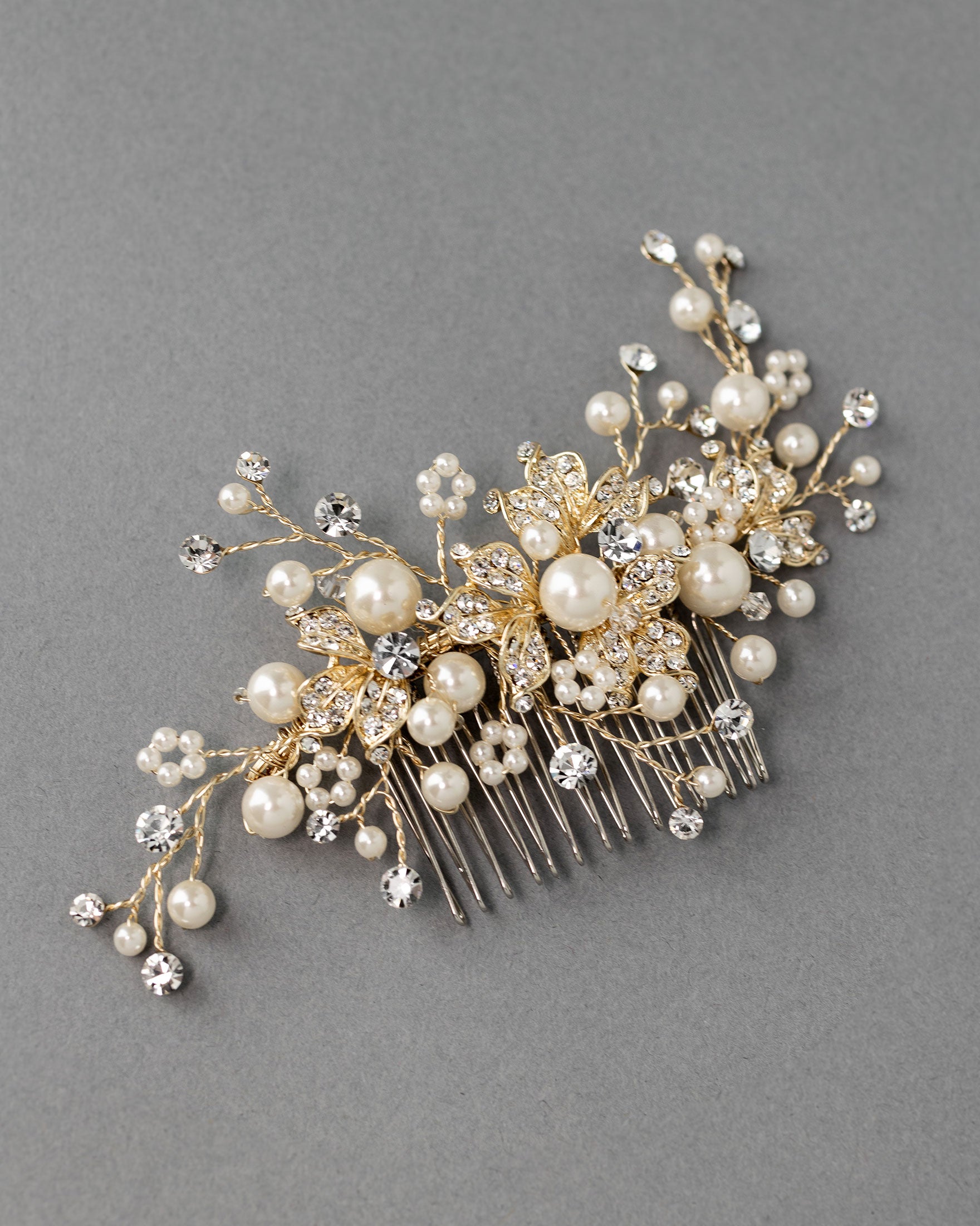 Floral Inspired Pearl Bridal Comb in Gold - Cassandra Lynne
