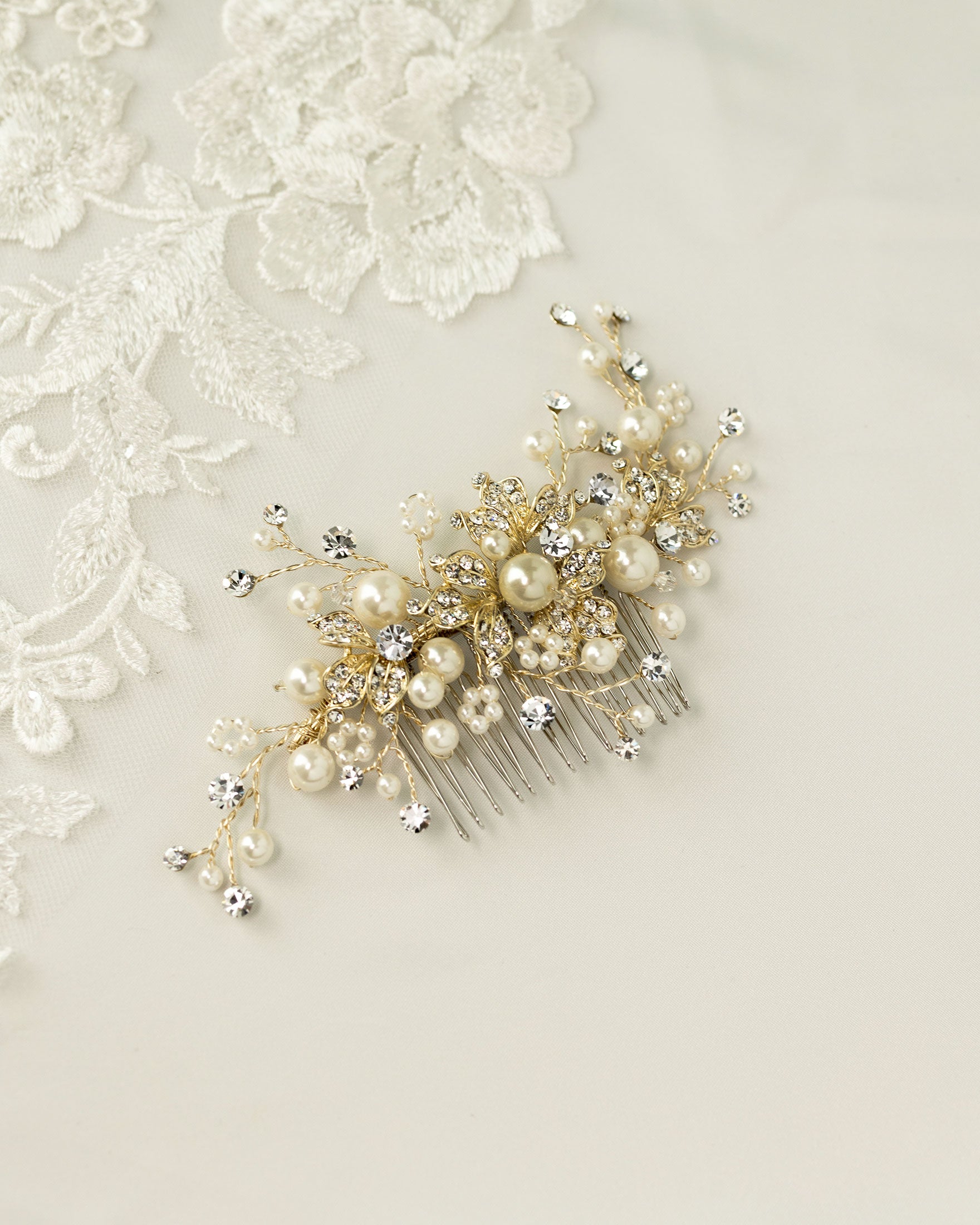 Floral Inspired Pearl Bridal Comb in Gold - Cassandra Lynne