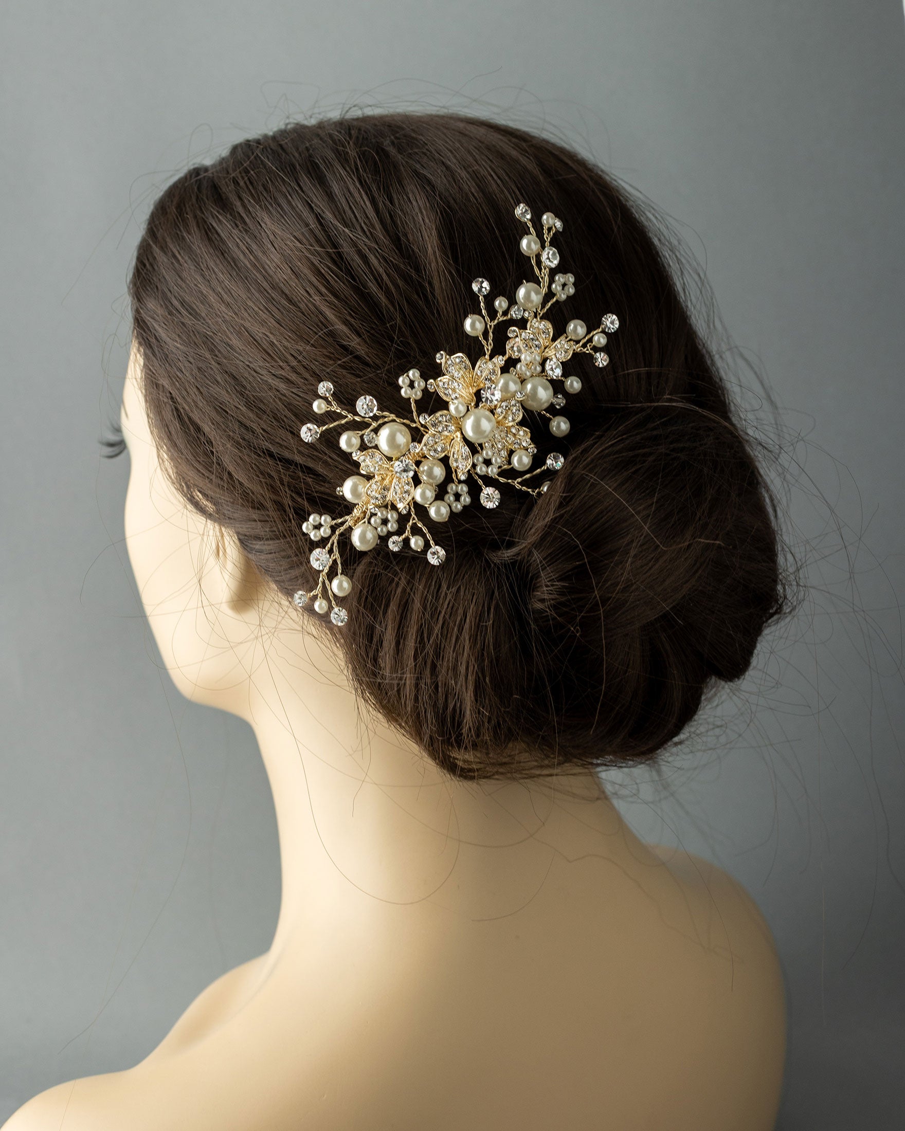 Floral Inspired Pearl Bridal Comb in Gold - Cassandra Lynne