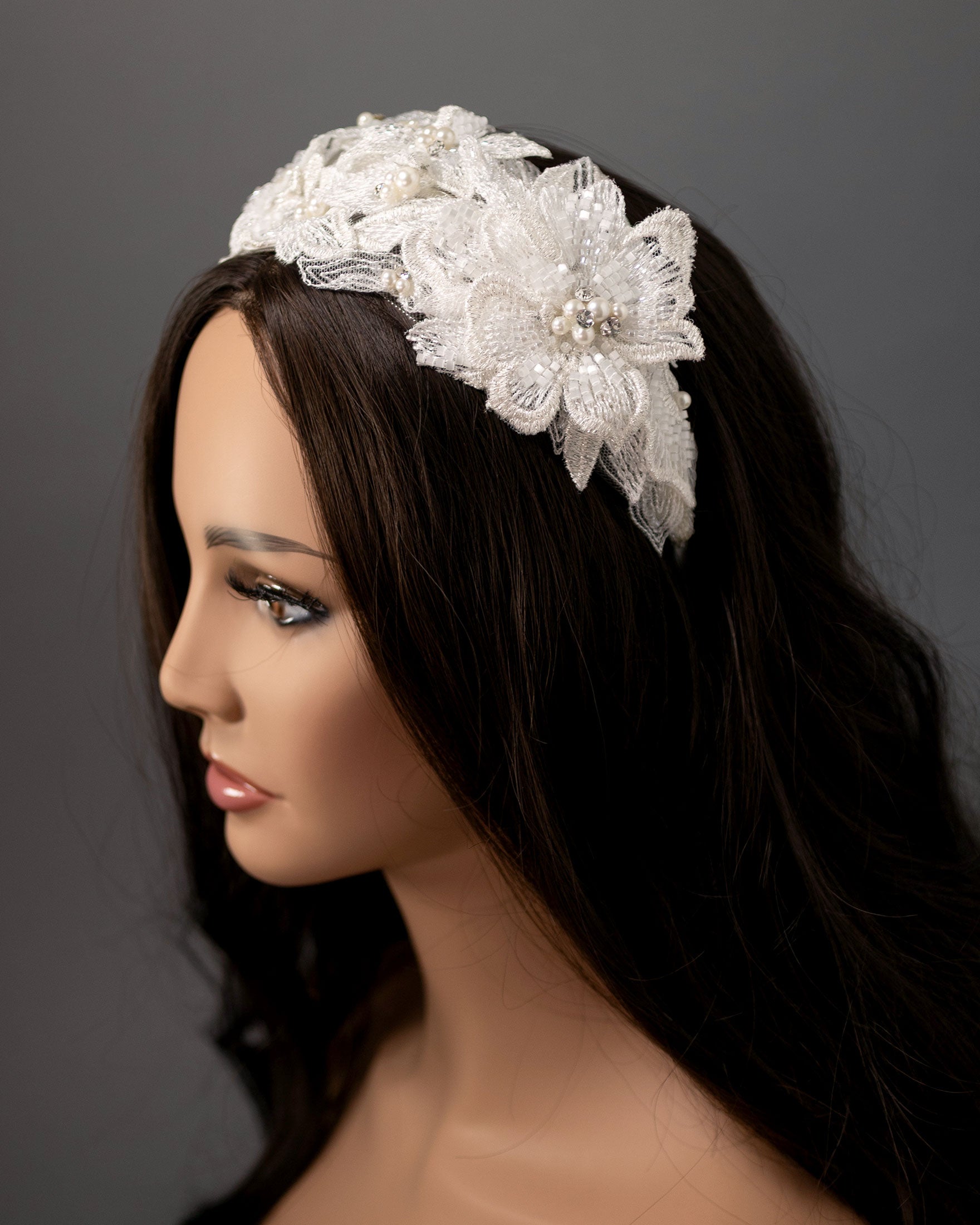Beaded Lace Bridal Headband in Ivory - Cassandra Lynne